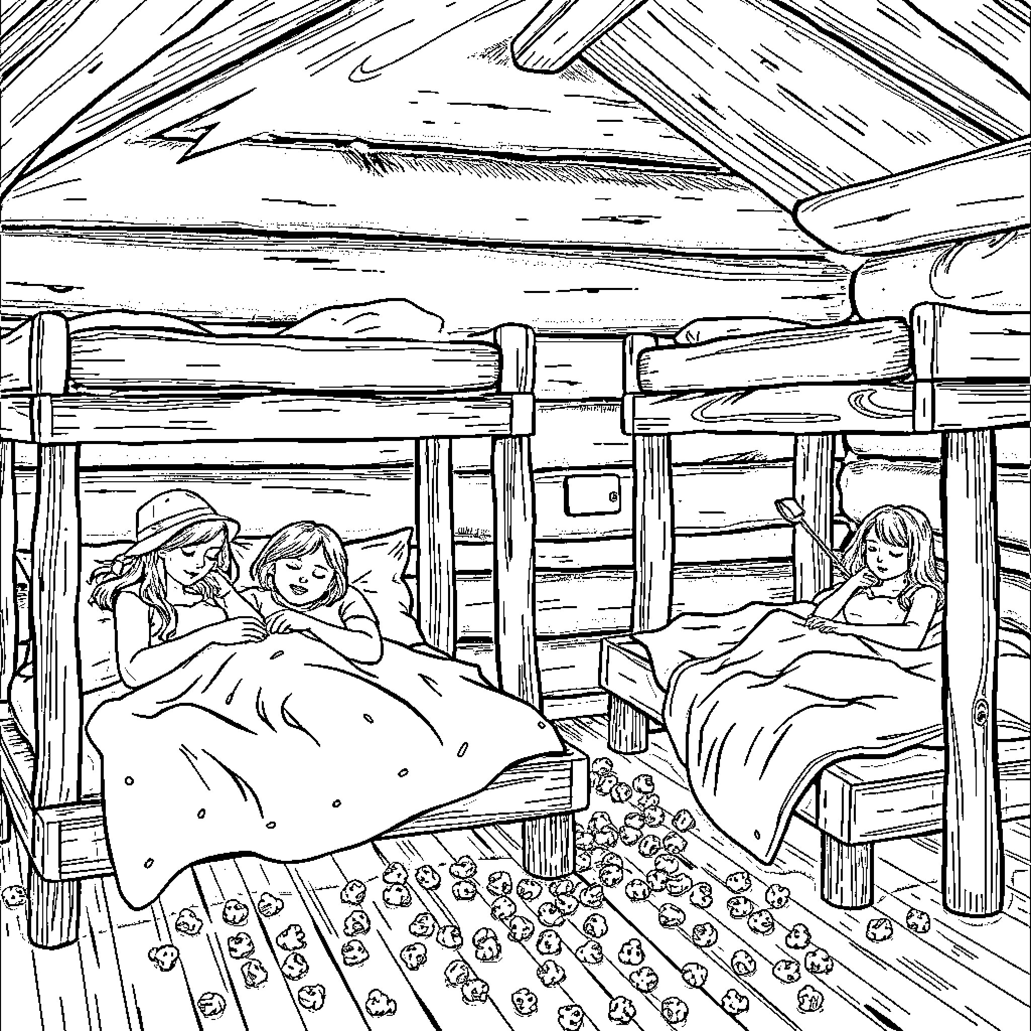 Woman resting peacefully in a cozy log cabin Coloring Page (free black-and-white line drawing printable PDF for all, from beginners to advanced learners, including children, teens, adults, and seniors)