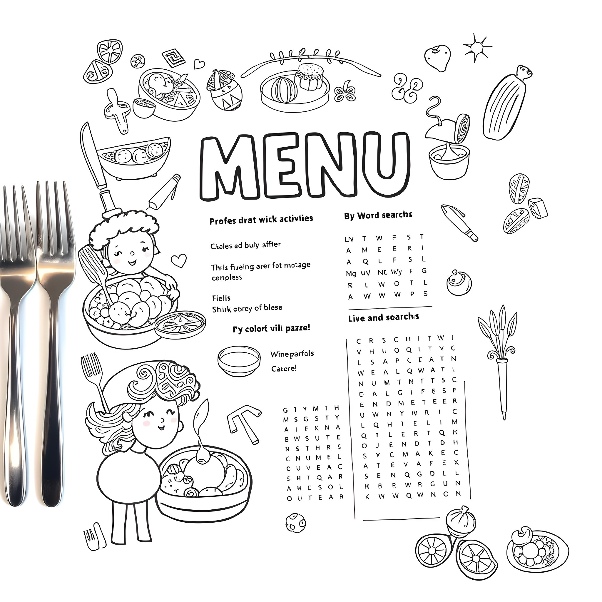 Kids enjoying a fun meal with various dishes Coloring Page (free black-and-white line drawing printable PDF for all, from beginners to advanced learners, including children, teens, adults, and seniors)