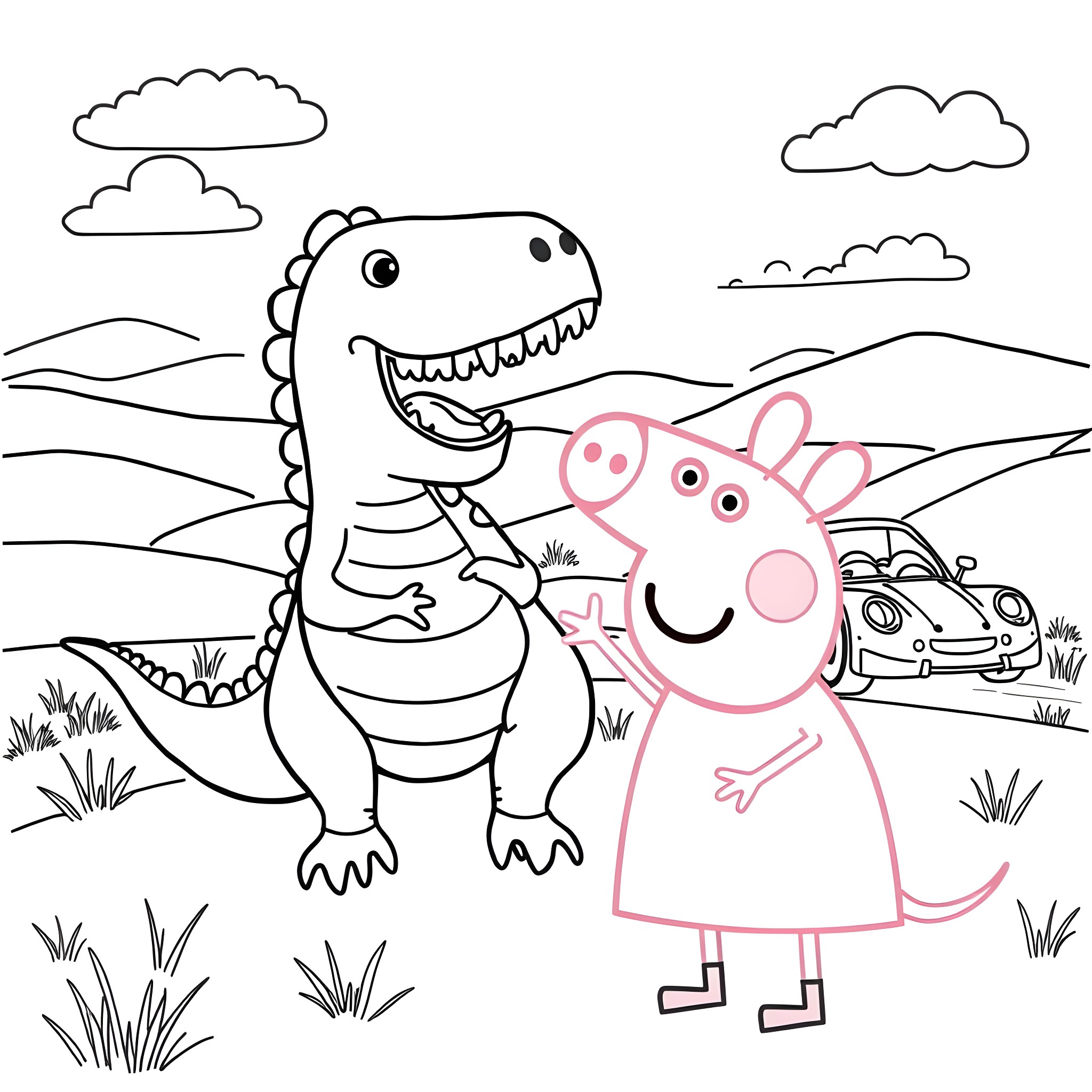 Peppa Pig meets a friendly dinosaur Coloring Page (free black-and-white line drawing printable PDF for all, from beginners to advanced learners, including children, teens, adults, and seniors)