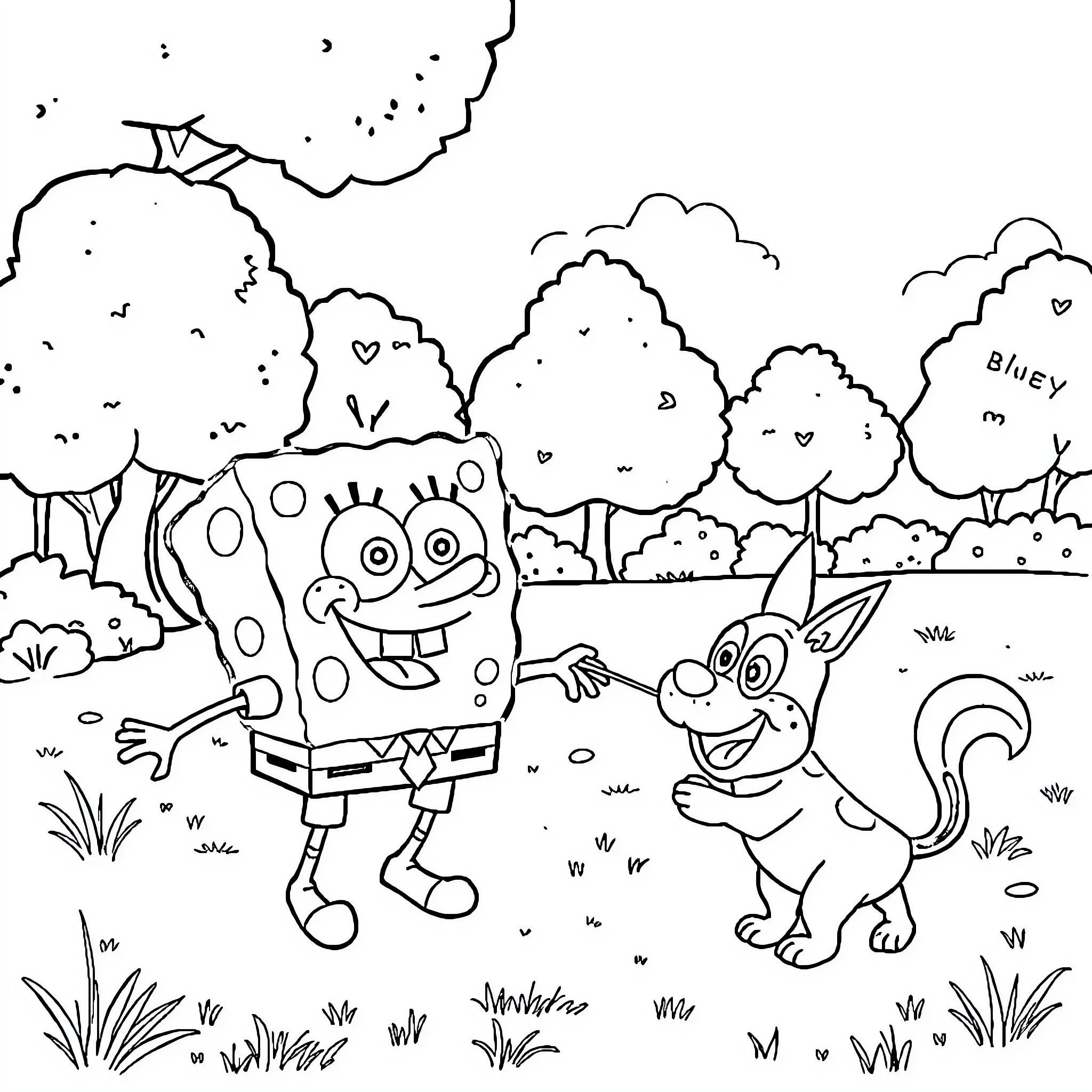 Spongebob and Gary exploring the outdoor forest Coloring Page (free black-and-white line drawing printable PDF for all, from beginners to advanced learners, including children, teens, adults, and seniors)