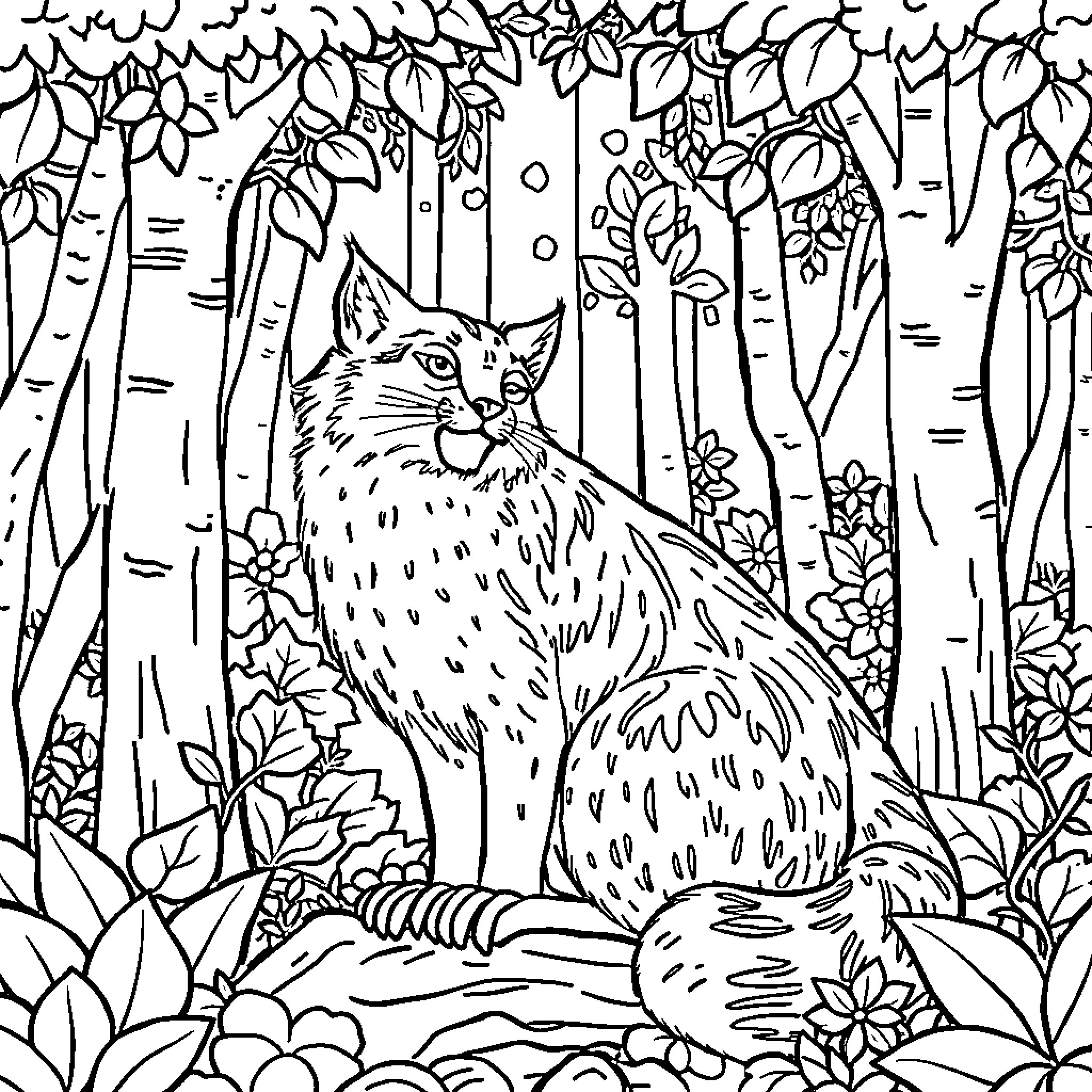 Wolf exploring the enchanted forest Coloring Page (free black-and-white line drawing printable PDF for all, from beginners to advanced learners, including children, teens, adults, and seniors)