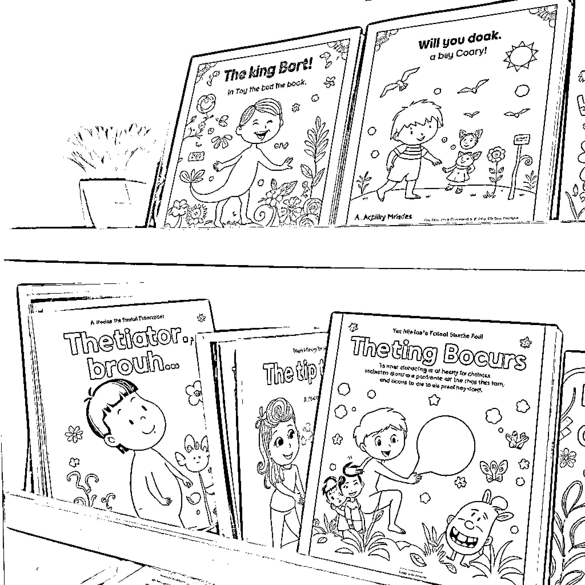 Books featuring characters in various scenes Coloring Page (free black-and-white line drawing printable PDF for all, from beginners to advanced learners, including children, teens, adults, and seniors)