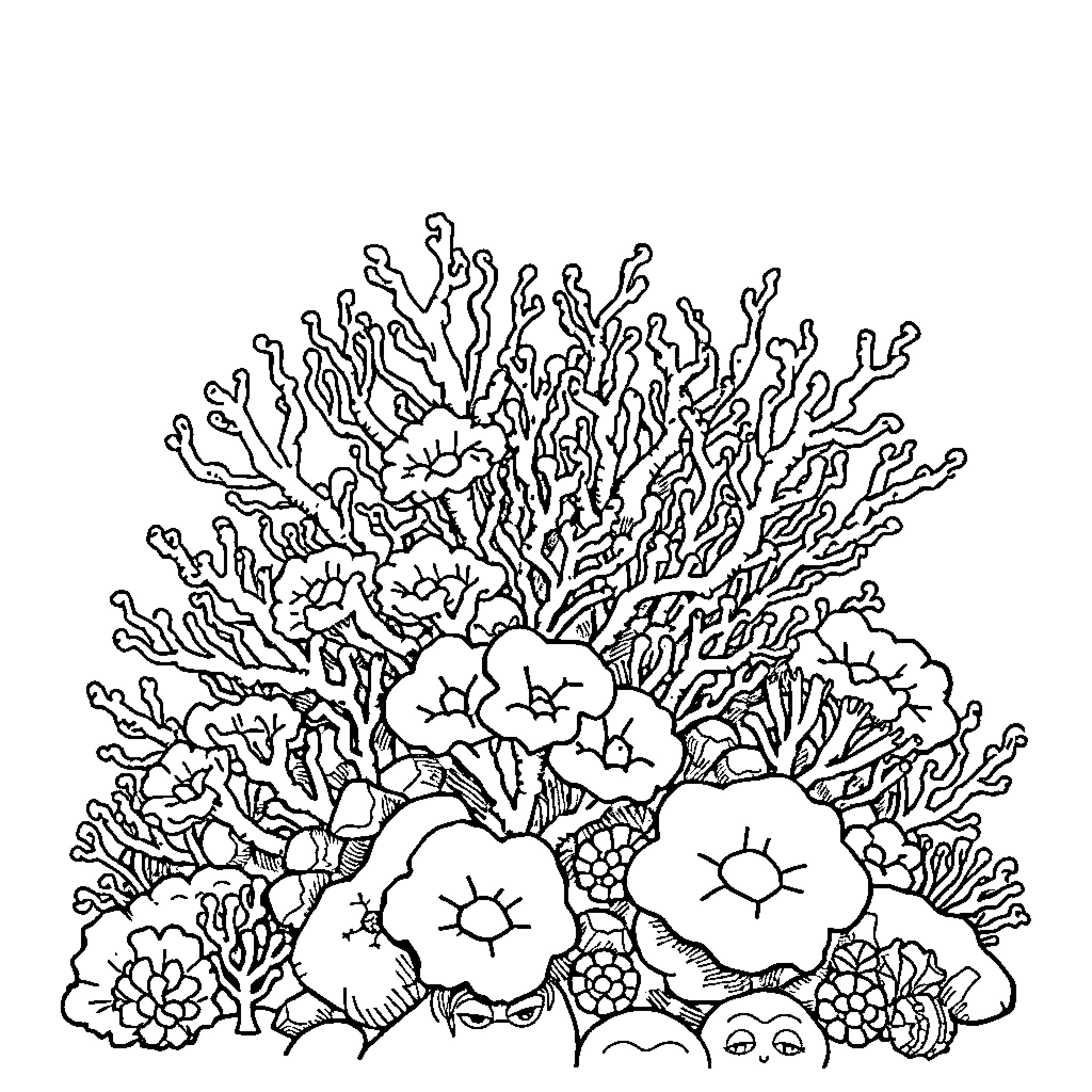 Coral reef with diverse marine flora Coloring Page (free black-and-white line drawing printable PDF for all, from beginners to advanced learners, including children, teens, adults, and seniors)