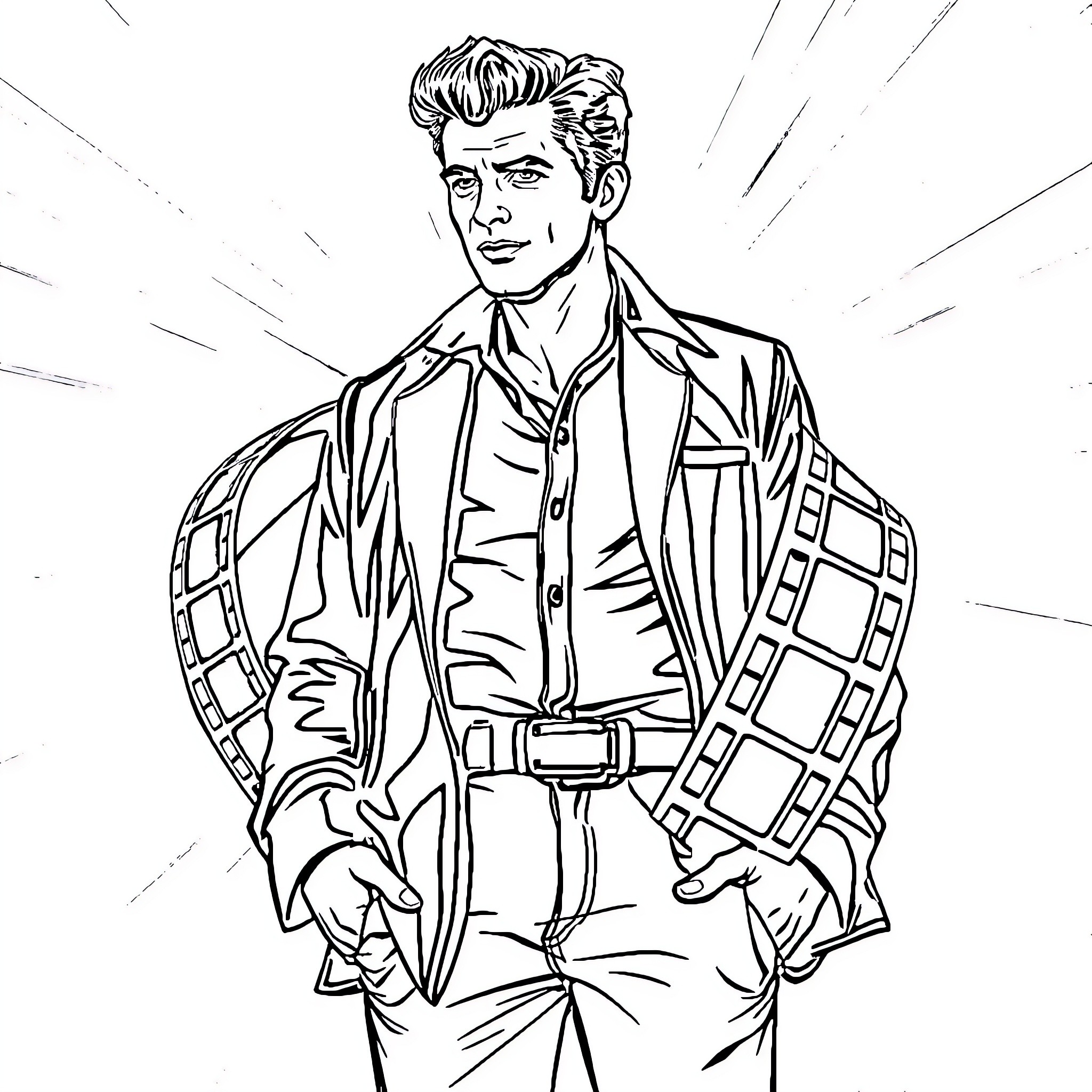James Dean in a stylish pose Coloring Page (free black-and-white line drawing printable PDF for all, from beginners to advanced learners, including children, teens, adults, and seniors)