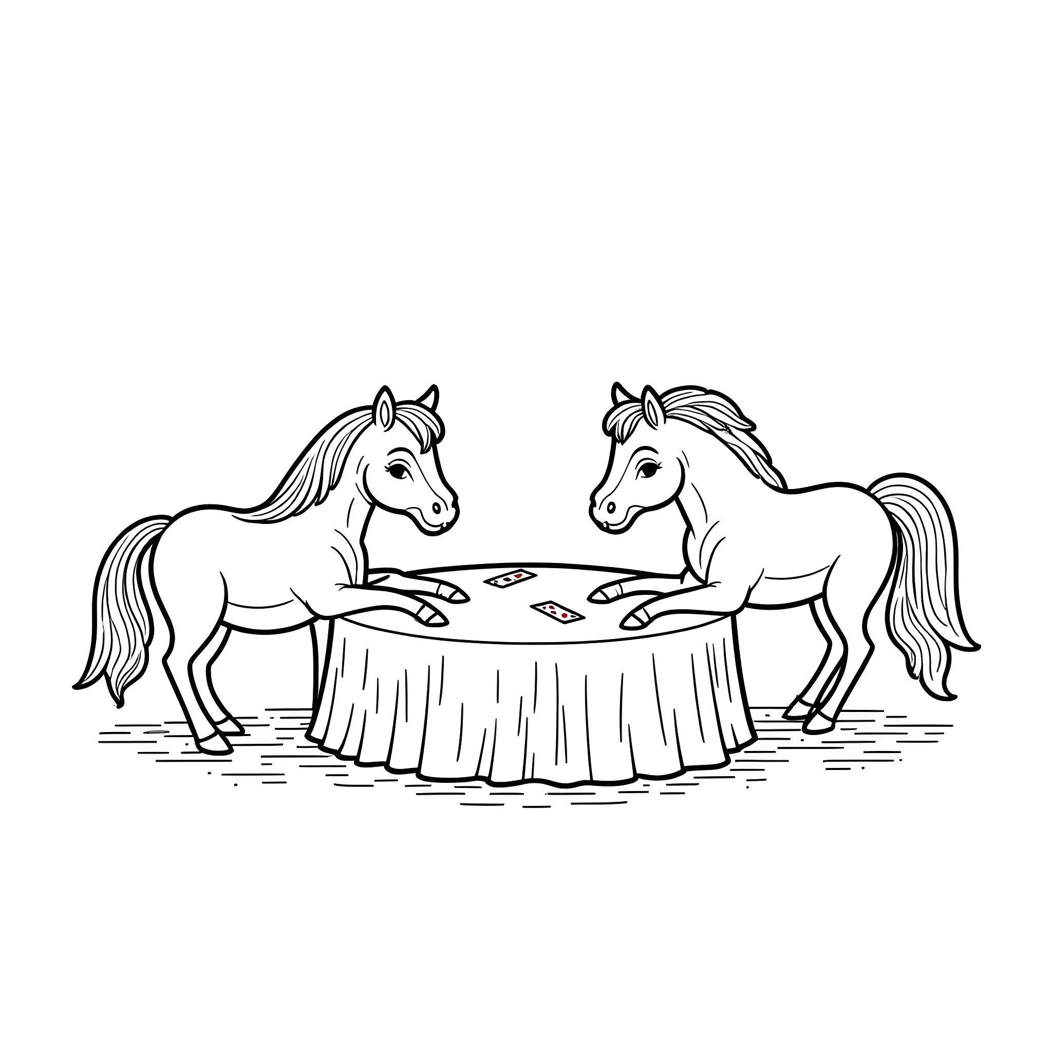 Horses playing a card game on a table Coloring Page (free black-and-white line drawing printable PDF for all, from beginners to advanced learners, including children, teens, adults, and seniors)