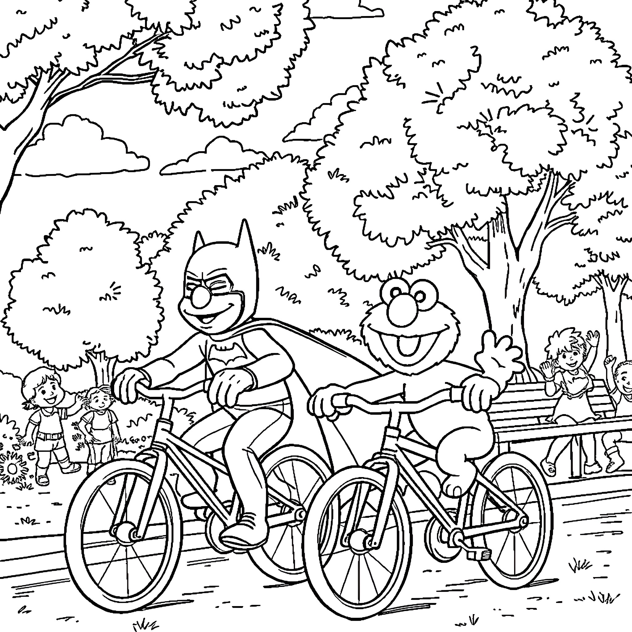 Elmo and Batman Ride Bikes in the Park Coloring Page (free black-and-white line drawing printable PDF for all, from beginners to advanced learners, including children, teens, adults, and seniors)