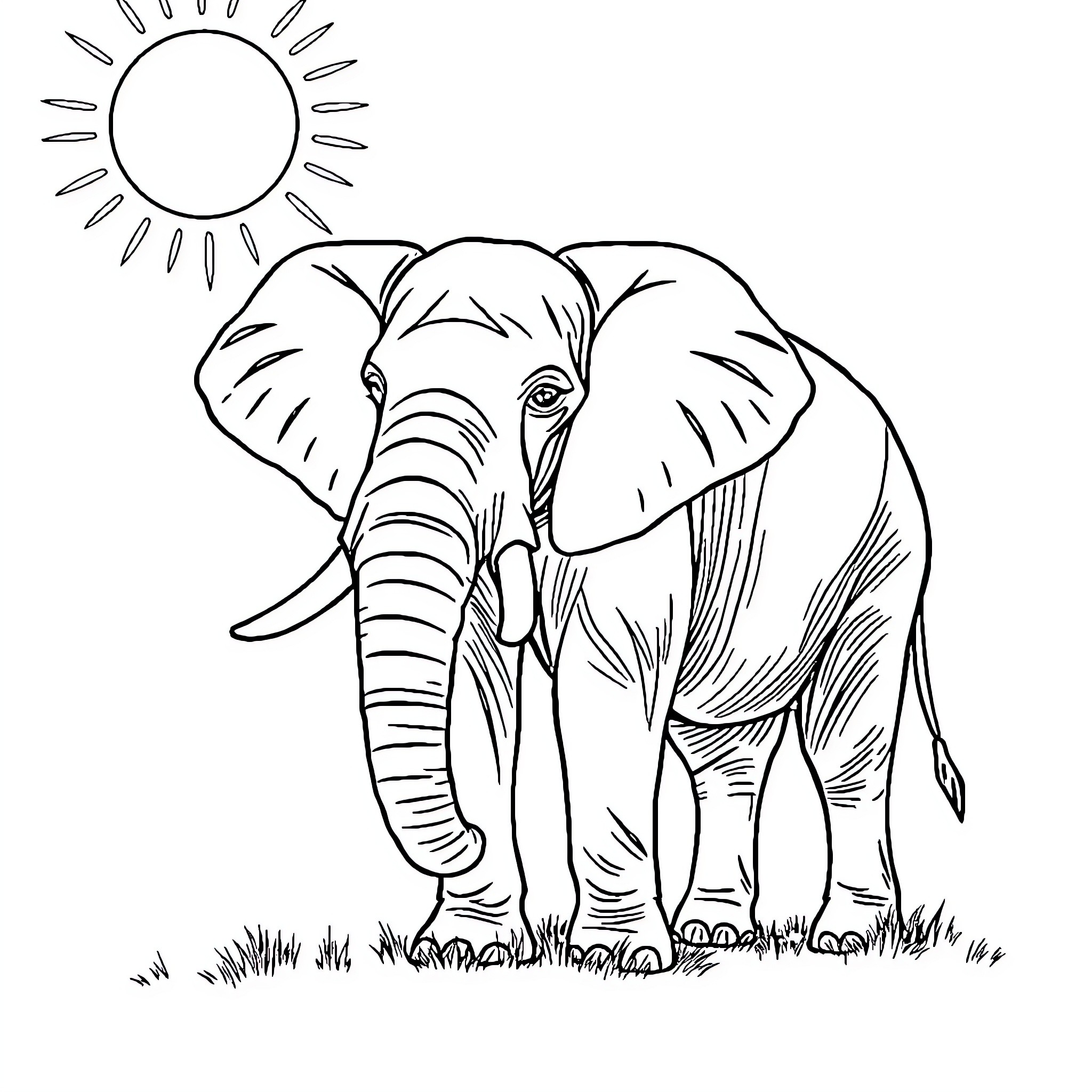 Elephant standing under the sun Coloring Page (free black-and-white line drawing printable PDF for all, from beginners to advanced learners, including children, teens, adults, and seniors)