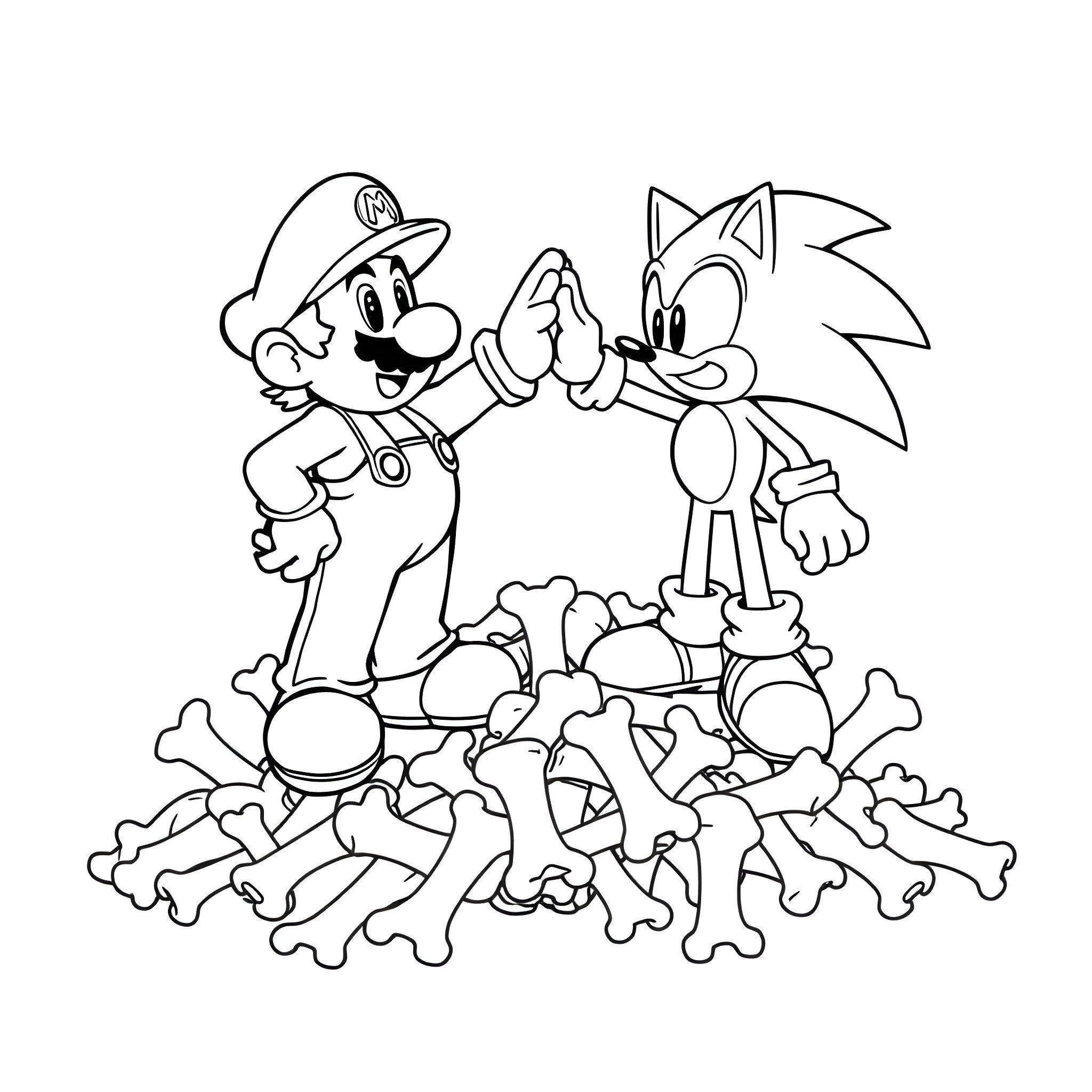 Super Mario and Sonic the Hedgehog Adventuring Together Coloring Page (free black-and-white line drawing printable PDF for all, from beginners to advanced learners, including children, teens, adults, and seniors)