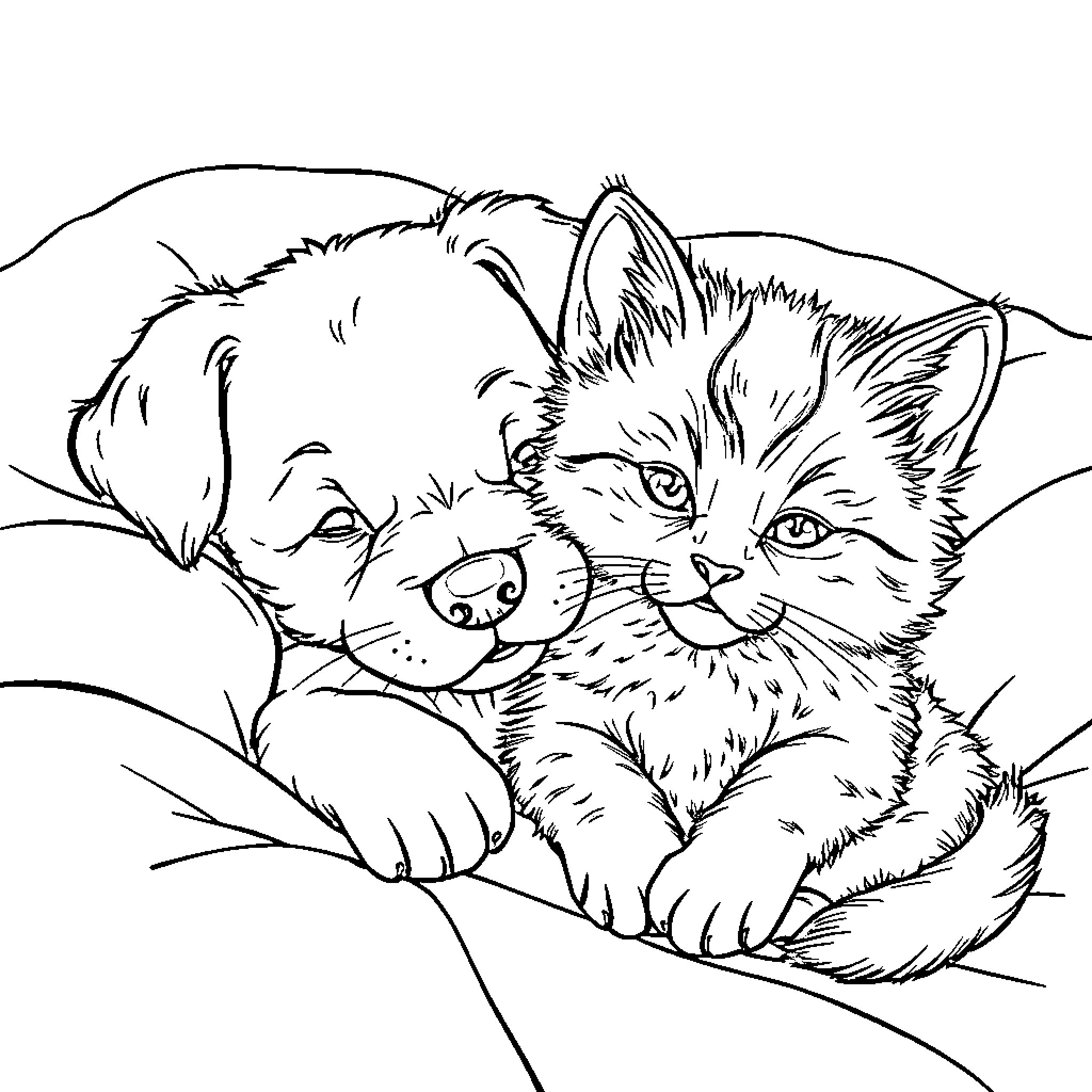 Puppy and Kitten Cuddling Together Coloring Page (free black-and-white line drawing printable PDF for all, from beginners to advanced learners, including children, teens, adults, and seniors)