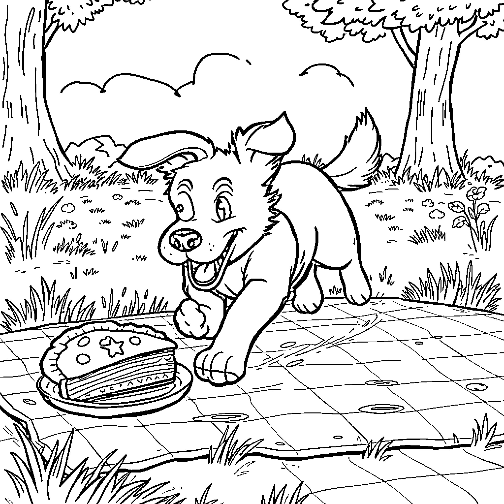 Dog enjoying a tasty treat in the park Coloring Page (free black-and-white line drawing printable PDF for all, from beginners to advanced learners, including children, teens, adults, and seniors)
