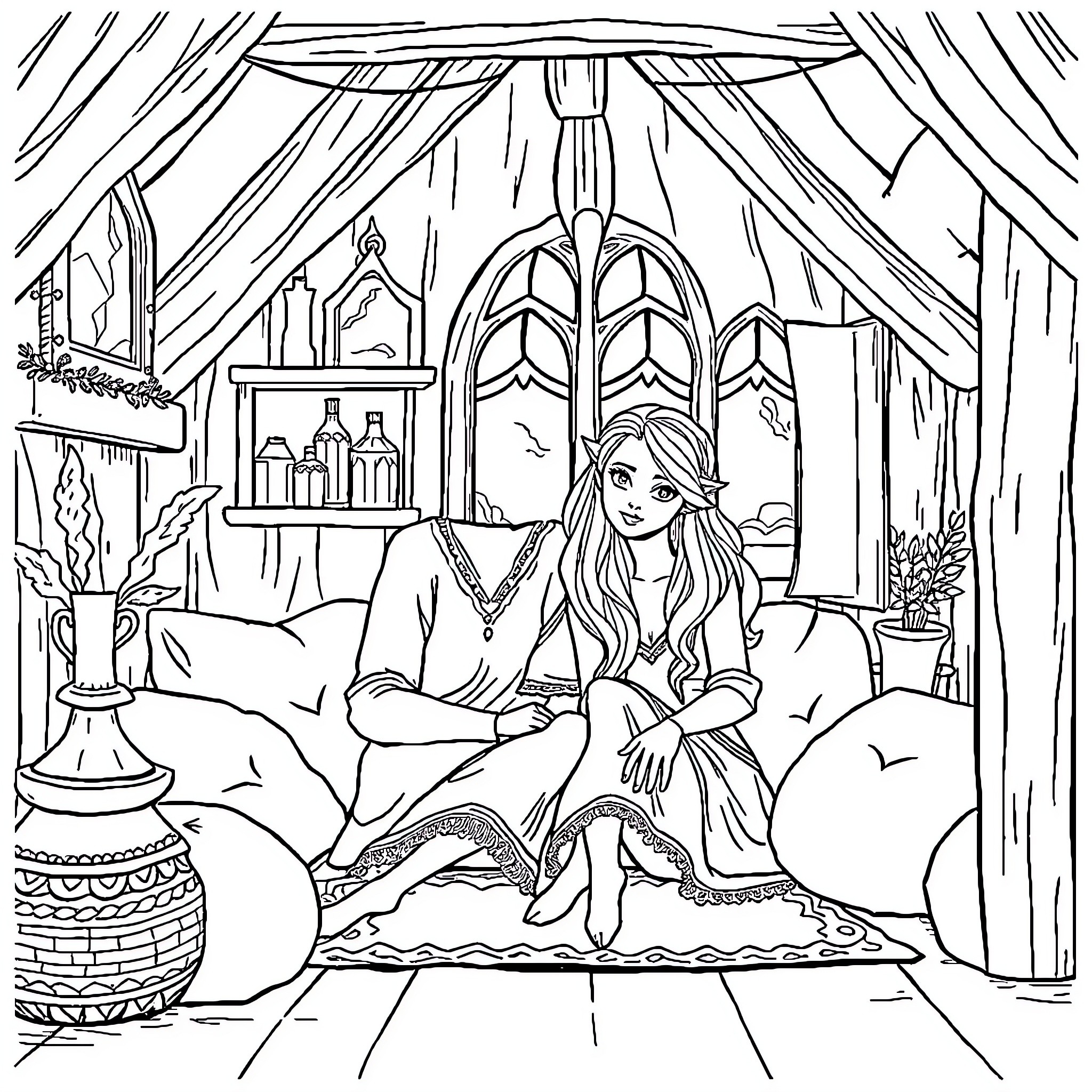 Feyre relaxing in her cozy cottage Coloring Page (free black-and-white line drawing printable PDF for all, from beginners to advanced learners, including children, teens, adults, and seniors)