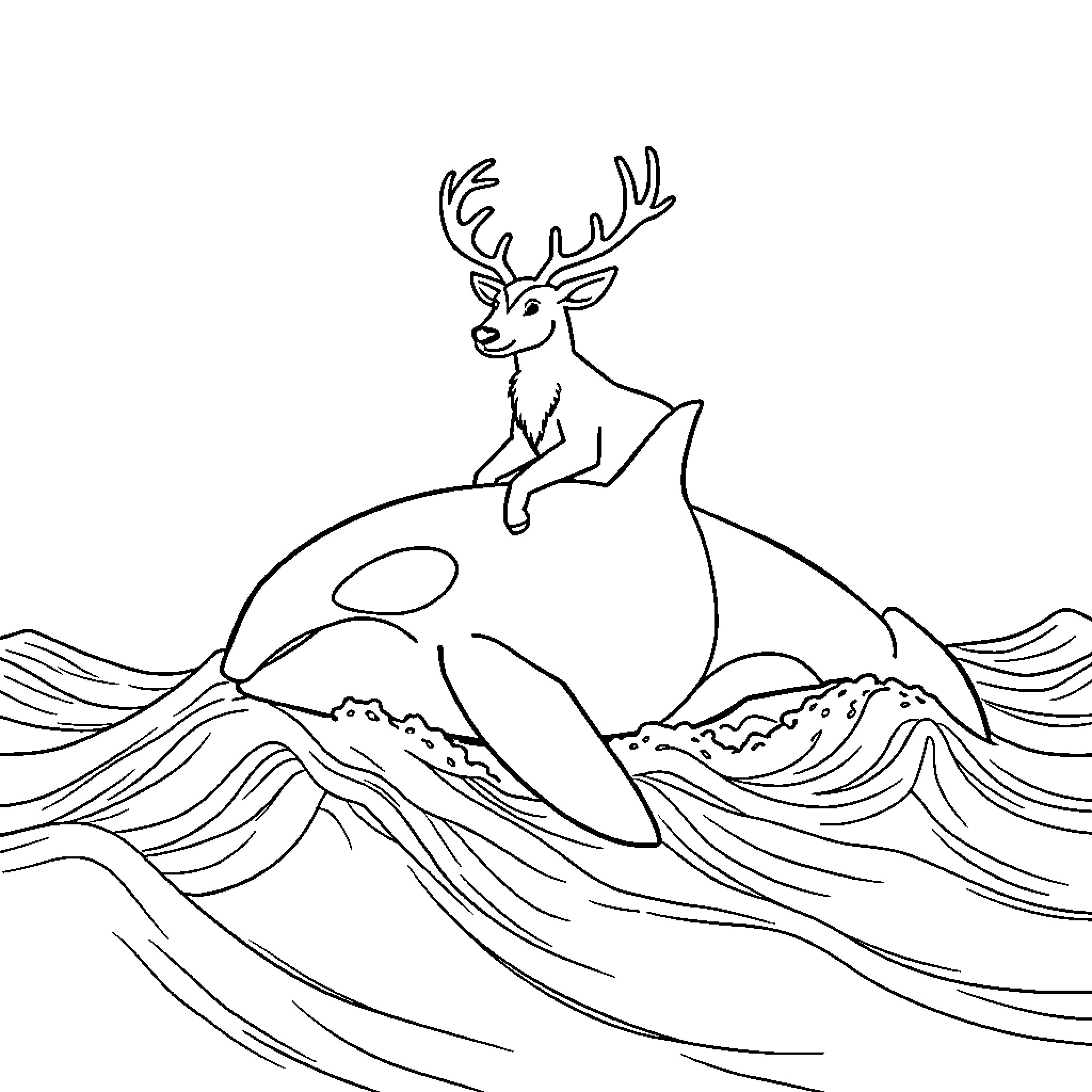 Jackalope surfing on waves of imagination Coloring Page (free black-and-white line drawing printable PDF for all, from beginners to advanced learners, including children, teens, adults, and seniors)