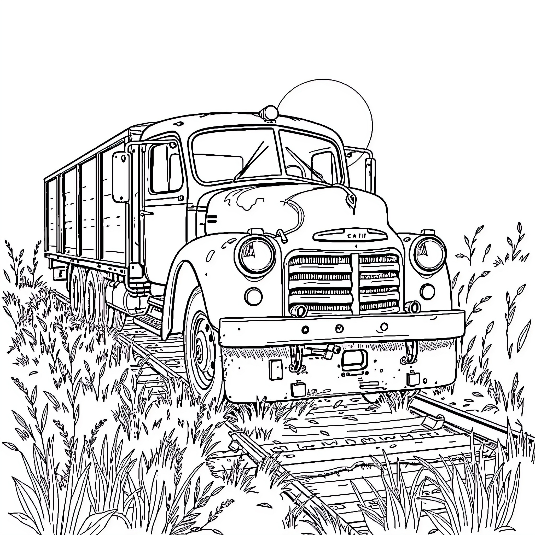 Truck on the Muddy Country Road Coloring Page (free black-and-white line drawing printable PDF for all, from beginners to advanced learners, including children, teens, adults, and seniors)