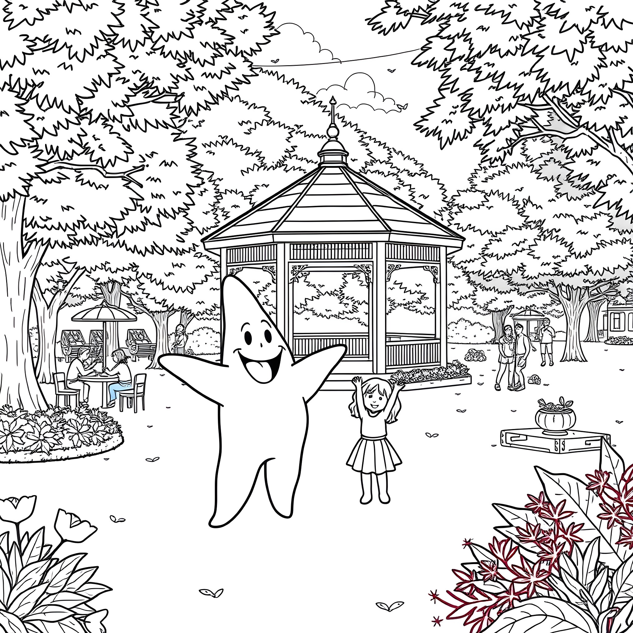 Patrick Star enjoying a day in the park Coloring Page (free black-and-white line drawing printable PDF for all, from beginners to advanced learners, including children, teens, adults, and seniors)