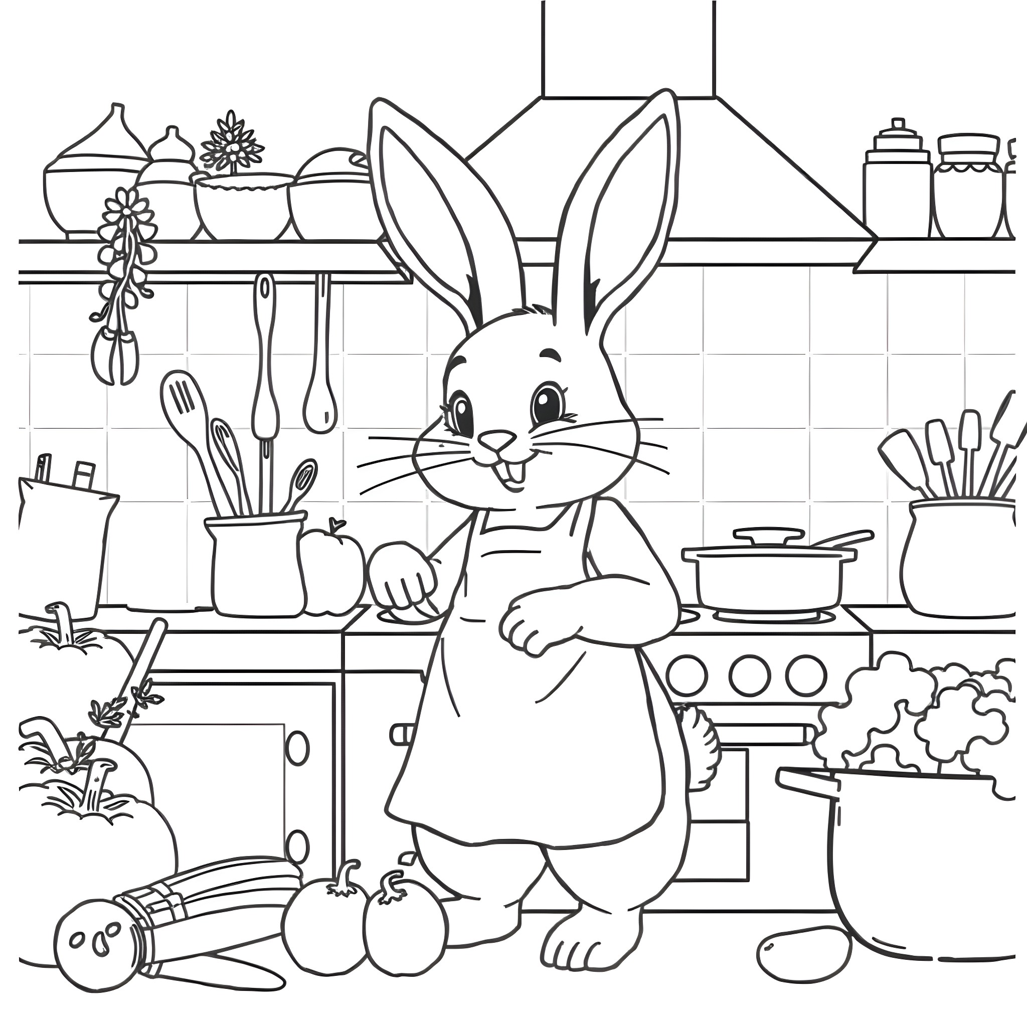 Bunny cooking in a cozy kitchen Coloring Page (free black-and-white line drawing printable PDF for all, from beginners to advanced learners, including children, teens, adults, and seniors)