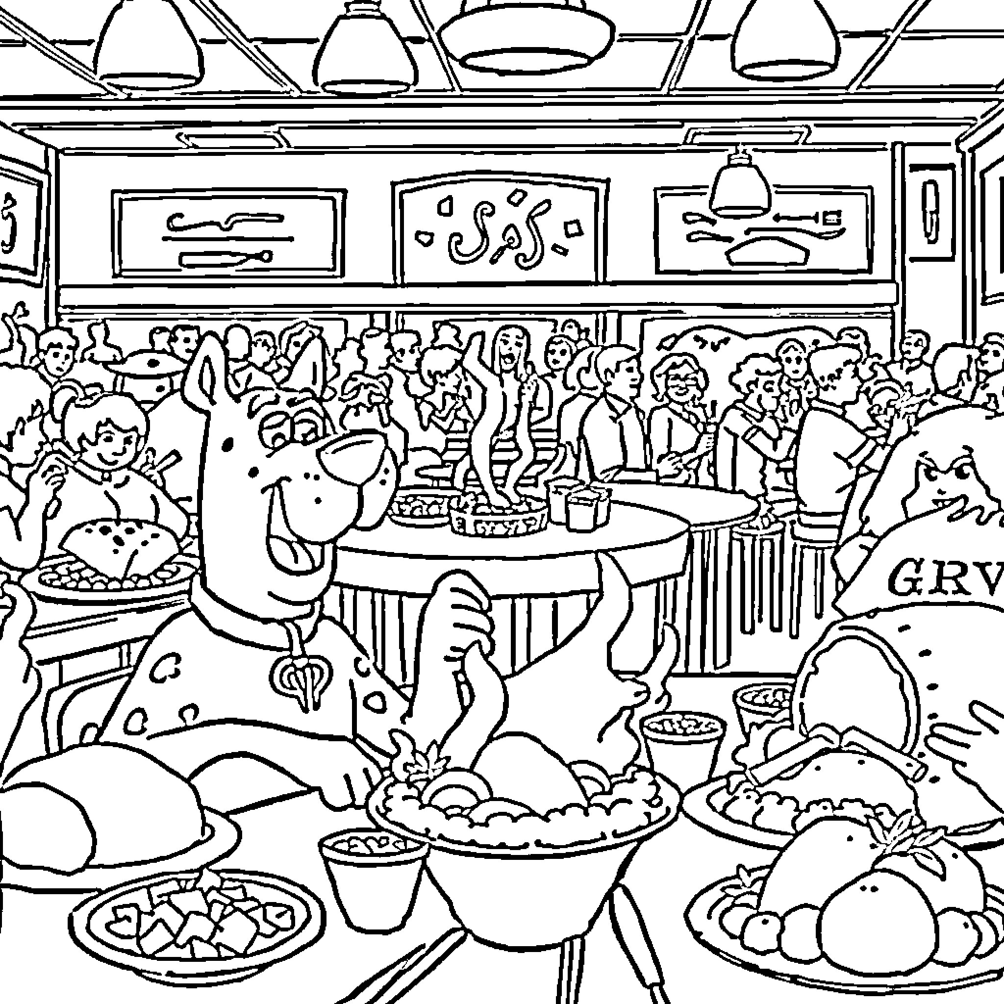 Scooby's Restaurant Gathering Coloring Page (free black-and-white line drawing printable PDF for all, from beginners to advanced learners, including children, teens, adults, and seniors)