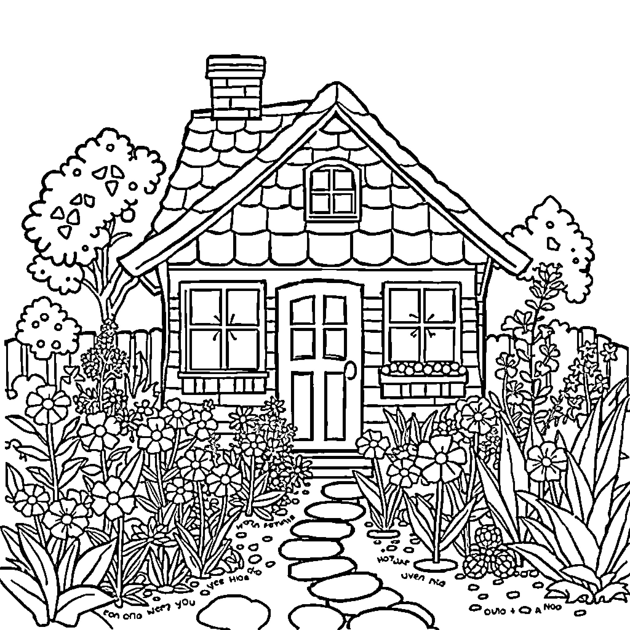 House amidst a lush garden with blooming flowers Coloring Page (free black-and-white line drawing printable PDF for all, from beginners to advanced learners, including children, teens, adults, and seniors)