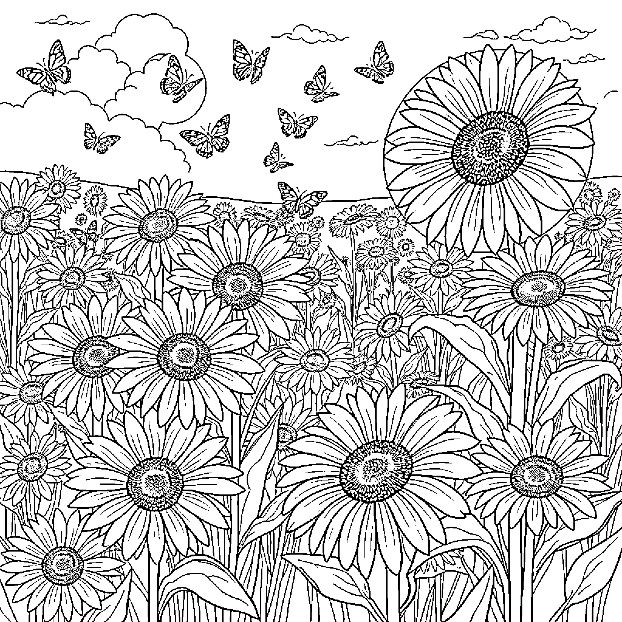 Sunflower field with butterflies flying about Coloring Page (free black-and-white line drawing printable PDF for all, from beginners to advanced learners, including children, teens, adults, and seniors)