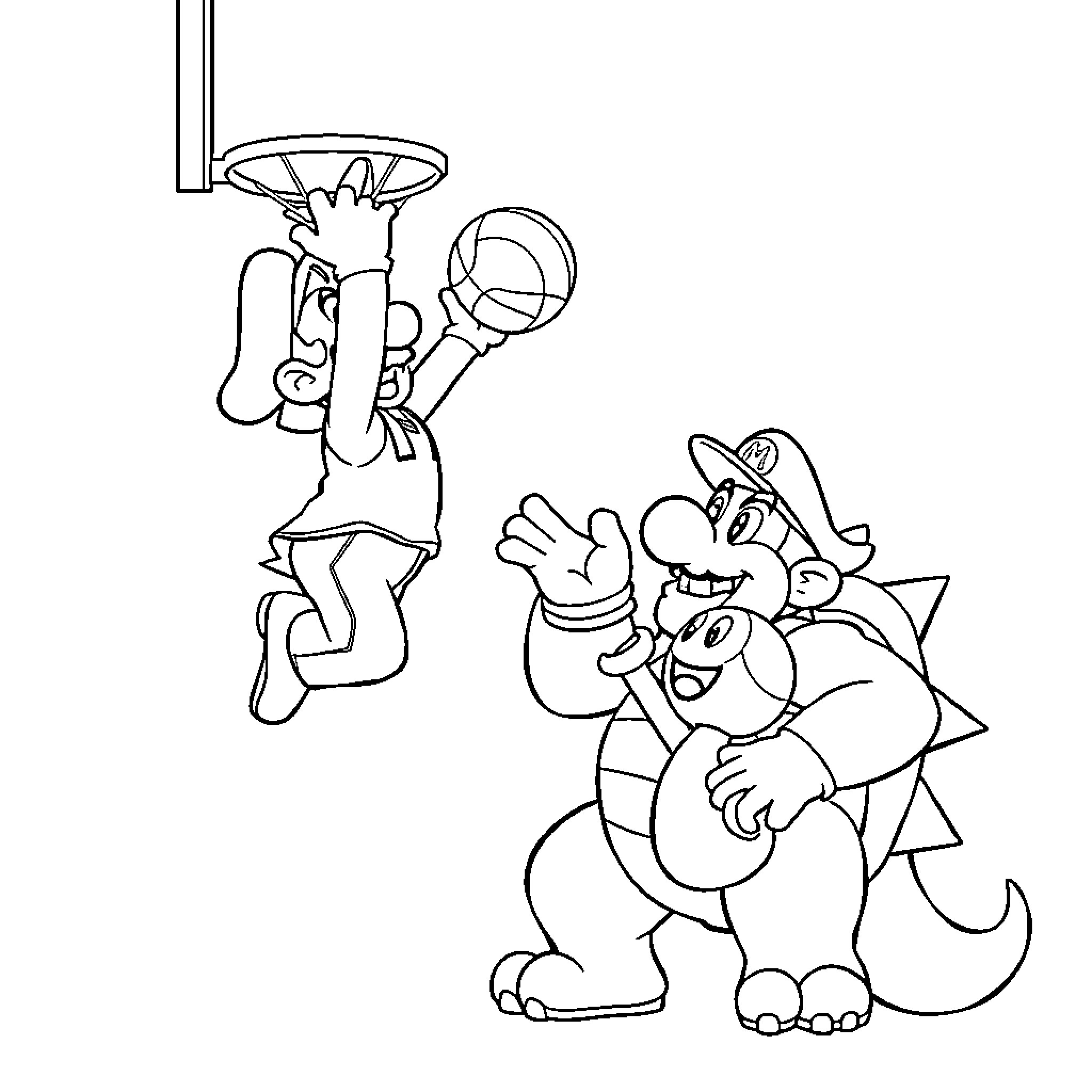 Mario and Luigi Celebrating with Basketball Hoop Coloring Page (free black-and-white line drawing printable PDF for all, from beginners to advanced learners, including children, teens, adults, and seniors)