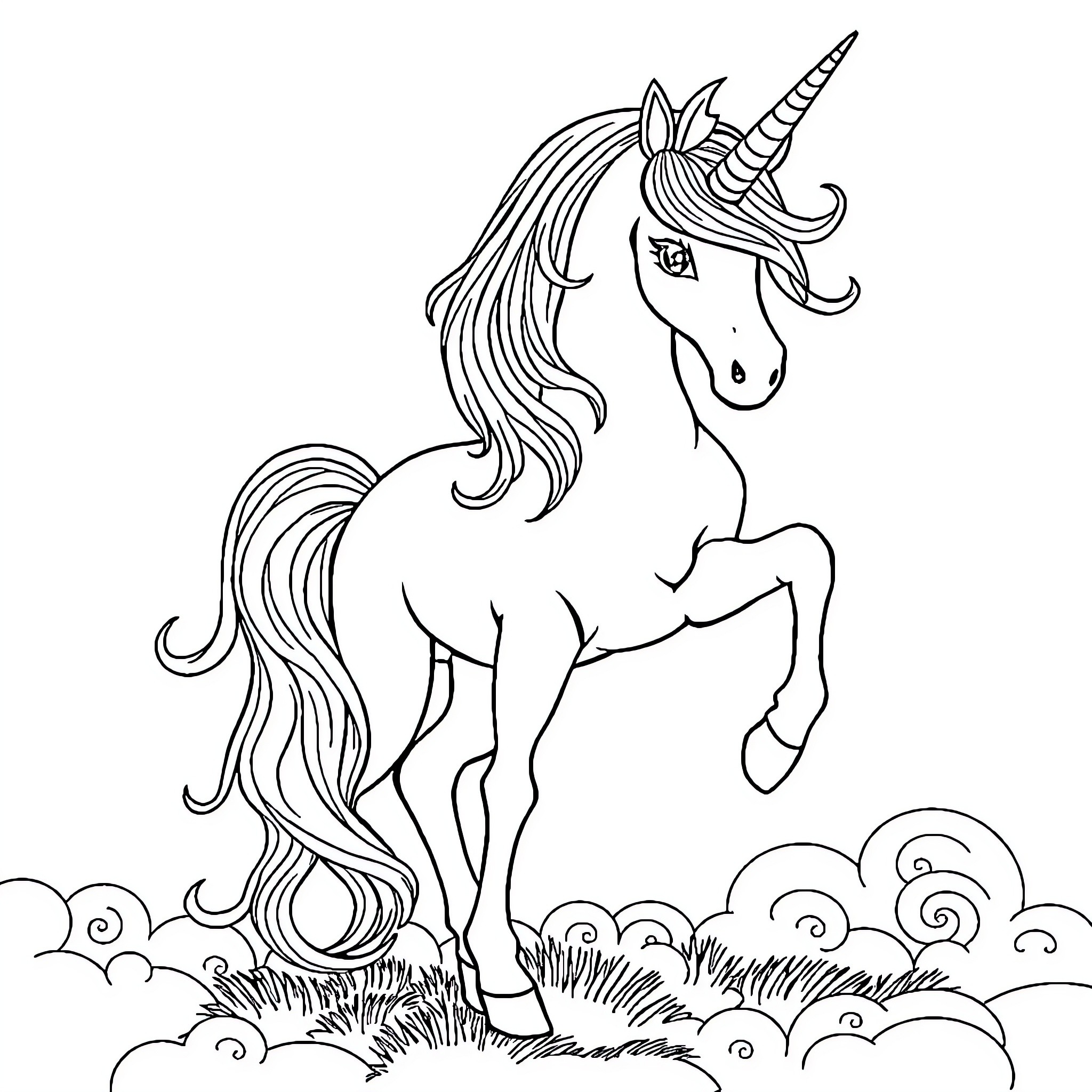 Unicorn frolicking in the meadow Coloring Page (free black-and-white line drawing printable PDF for all, from beginners to advanced learners, including children, teens, adults, and seniors)