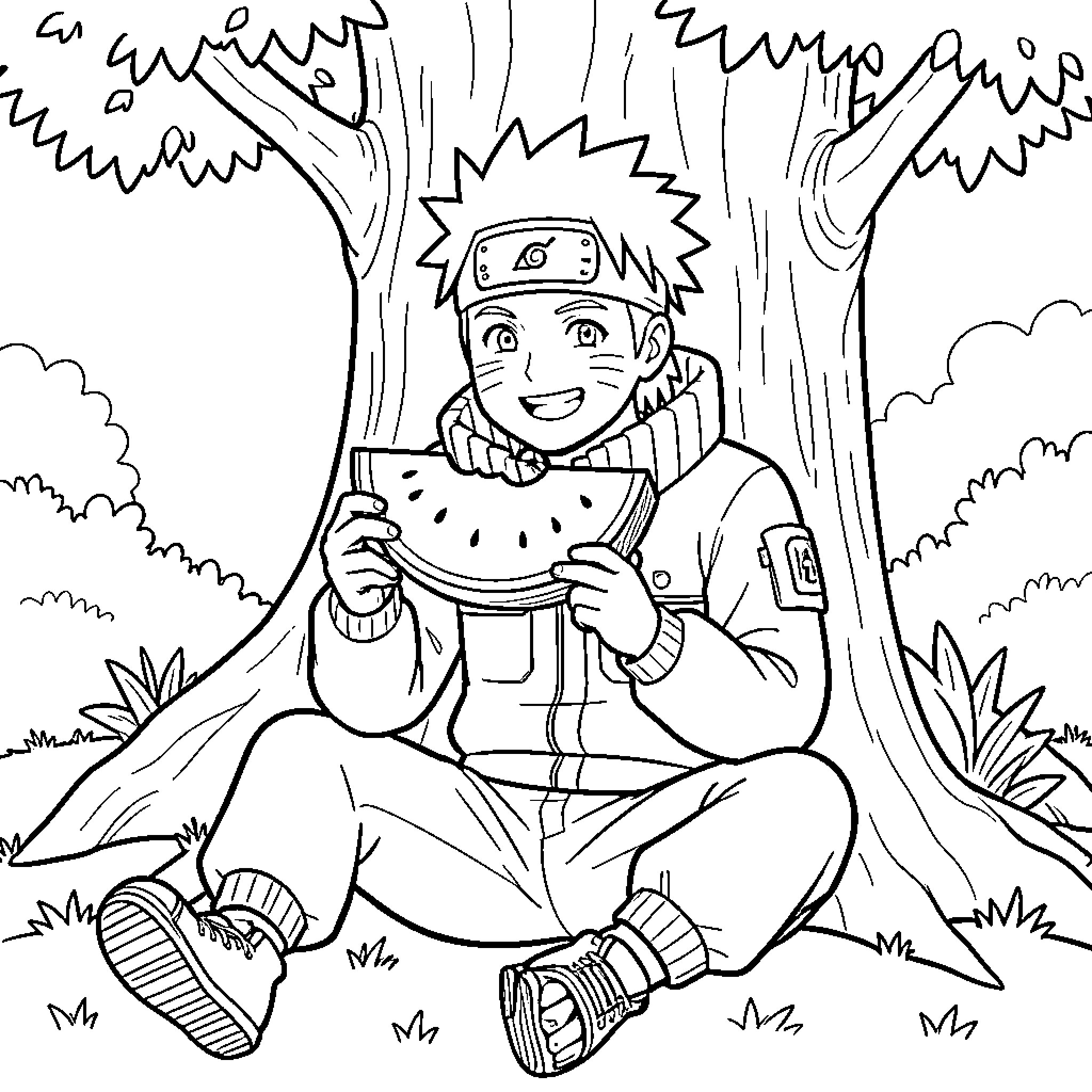 Naruto sitting under a tree eating watermelon Coloring Page (free black-and-white line drawing printable PDF for all, from beginners to advanced learners, including children, teens, adults, and seniors)