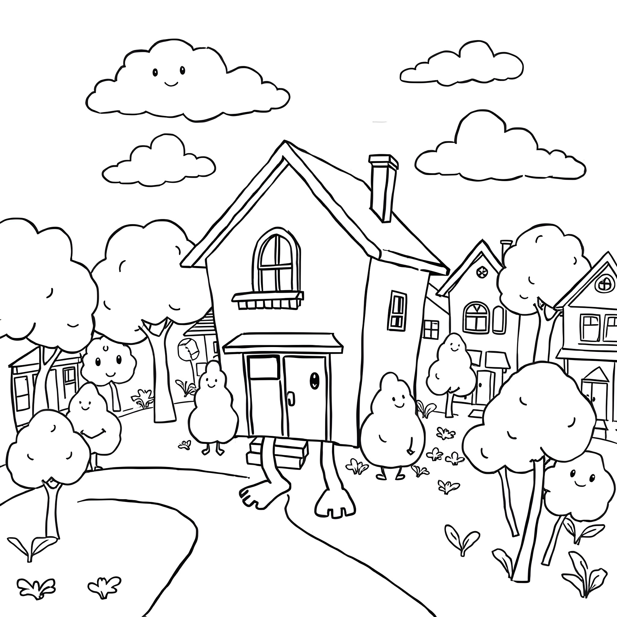 House with Charming Creatures in a Whimsical Landscape Coloring Page (free black-and-white line drawing printable PDF for all, from beginners to advanced learners, including children, teens, adults, and seniors)