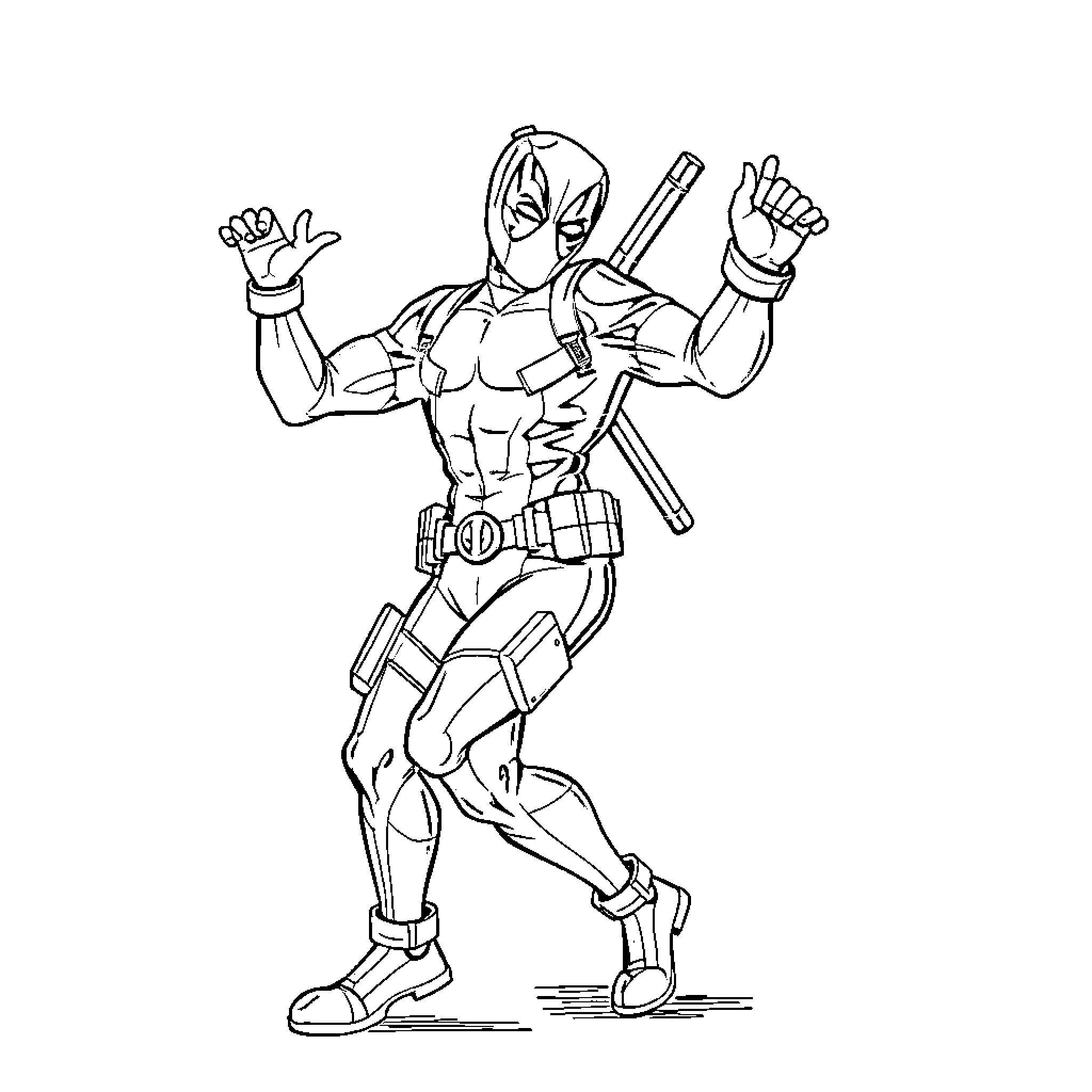 Deadpool striking an action pose with weapons Coloring Page (free black-and-white line drawing printable PDF for all, from beginners to advanced learners, including children, teens, adults, and seniors)