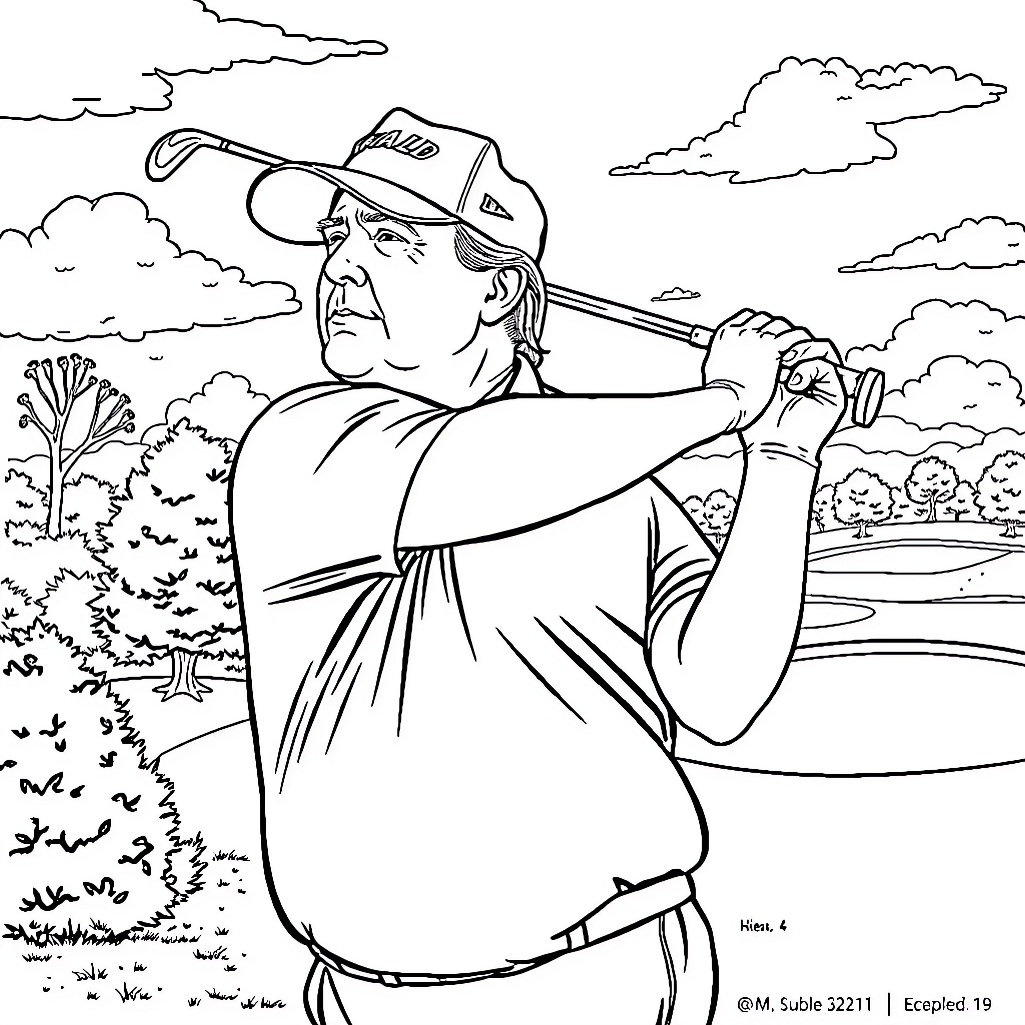 Donald Trump playing golf in an outdoor setting Coloring Page (free black-and-white line drawing printable PDF for all, from beginners to advanced learners, including children, teens, adults, and seniors)