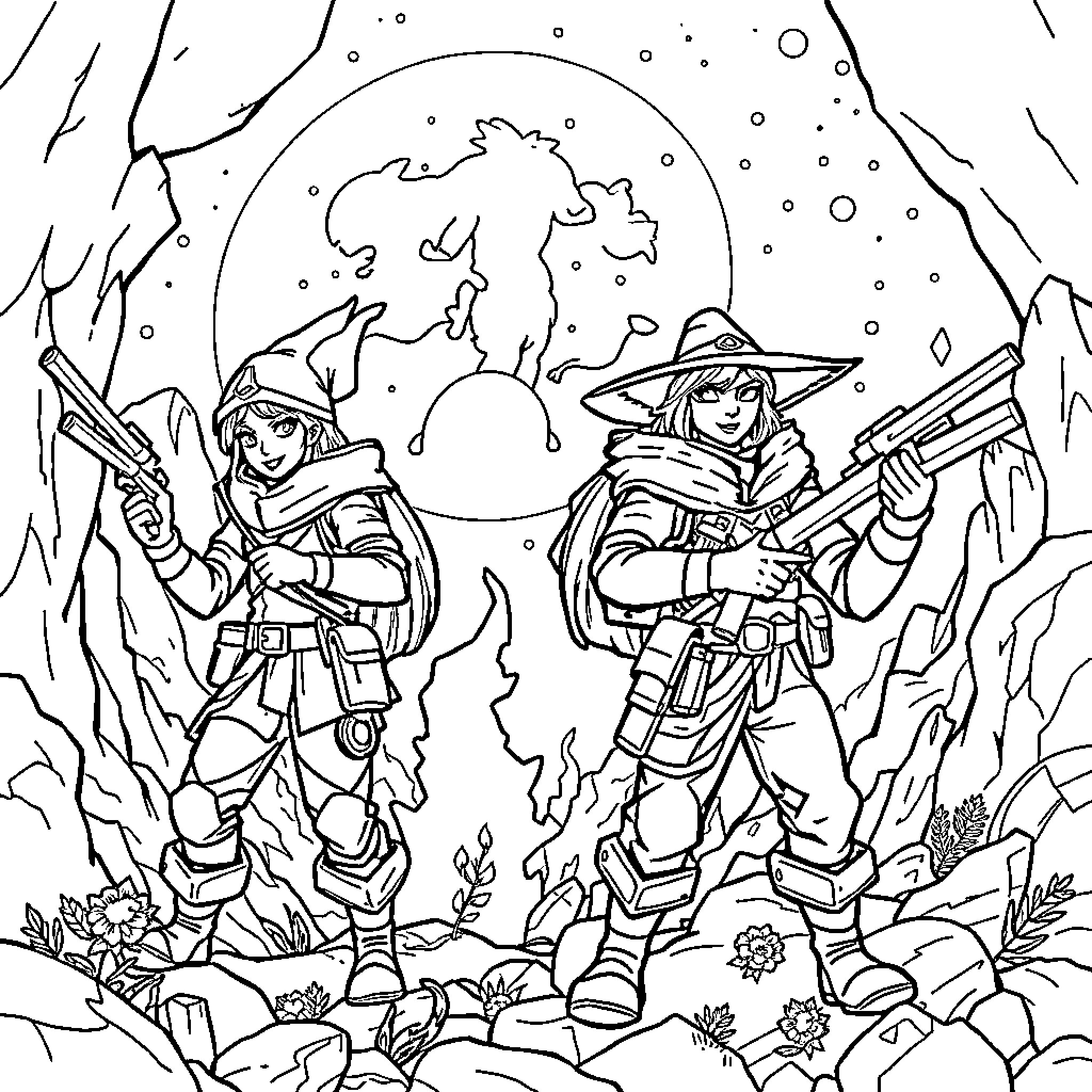 Huntrix Adventurers Facing Mystical Foes Coloring Page (free black-and-white line drawing printable PDF for all, from beginners to advanced learners, including children, teens, adults, and seniors)
