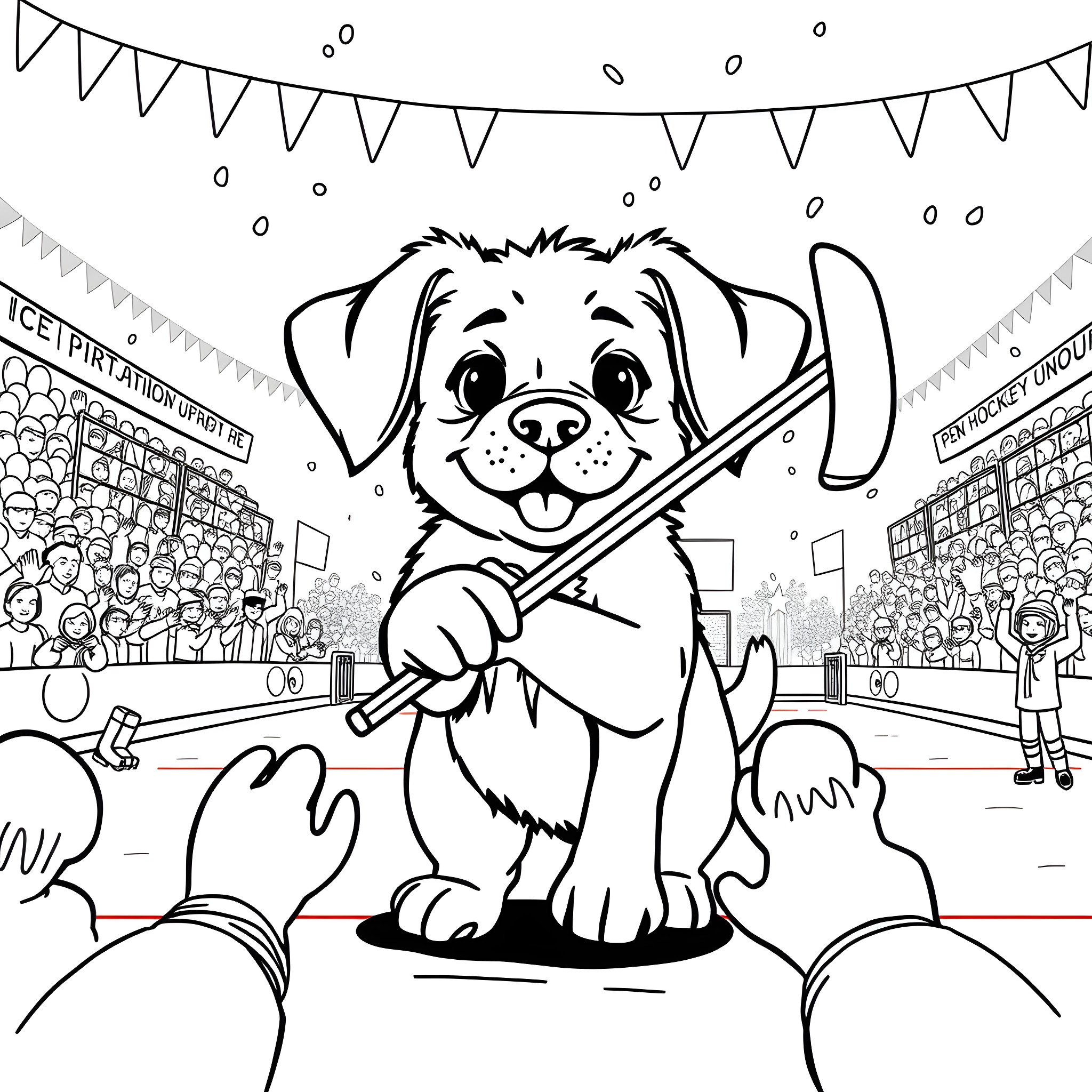 Dog playing baseball in the park Coloring Page (free black-and-white line drawing printable PDF for all, from beginners to advanced learners, including children, teens, adults, and seniors)