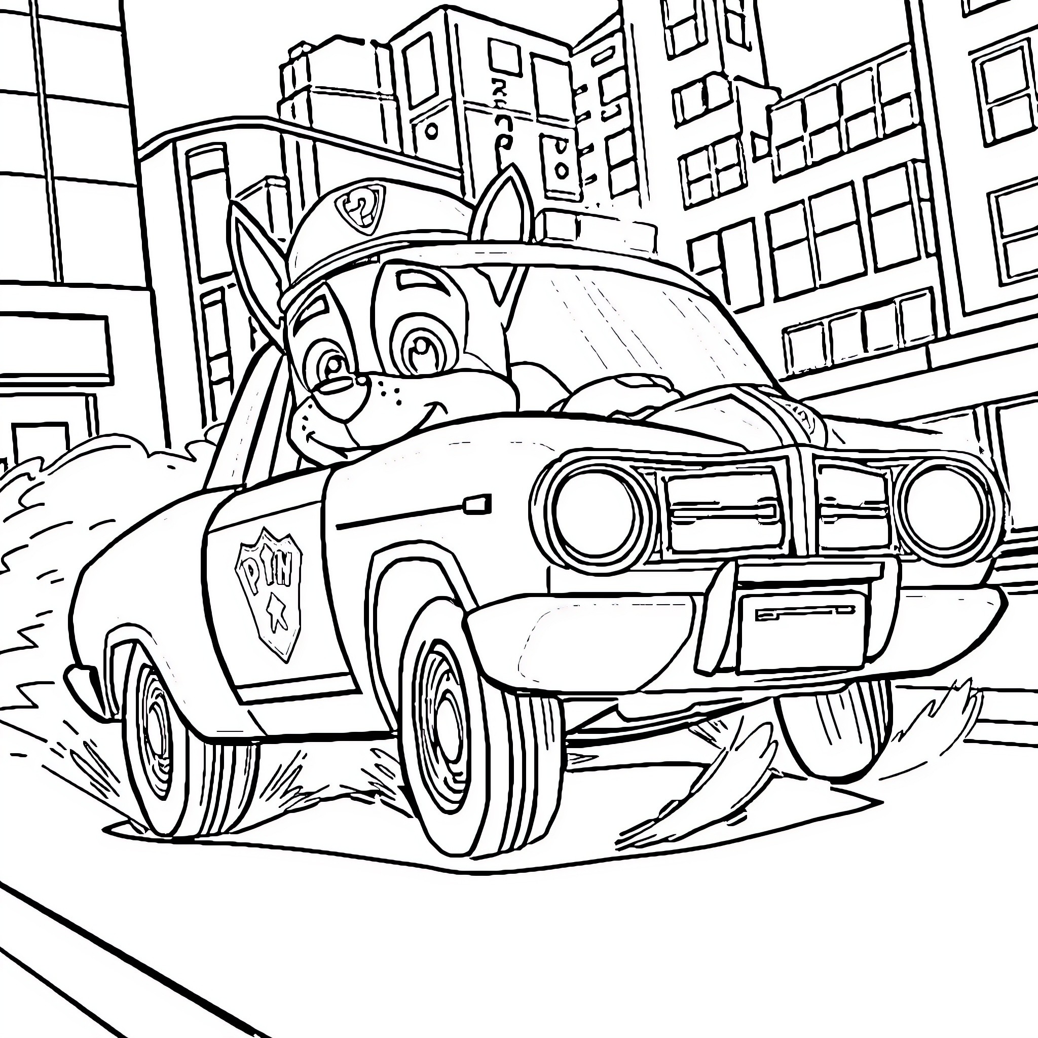 Police Cruiser Responding to Emergency Call Coloring Page (free black-and-white line drawing printable PDF for all, from beginners to advanced learners, including children, teens, adults, and seniors)