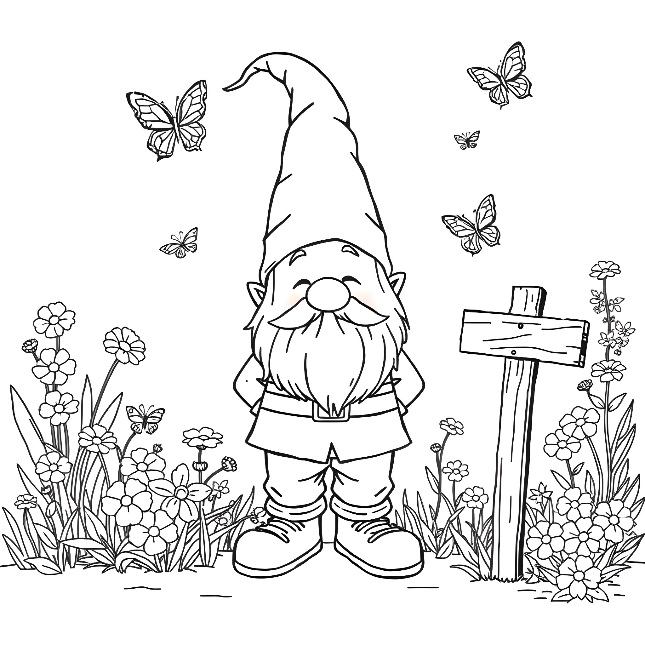 Gnome enjoying nature among flowers and butterflies Coloring Page (free black-and-white line drawing printable PDF for all, from beginners to advanced learners, including children, teens, adults, and seniors)