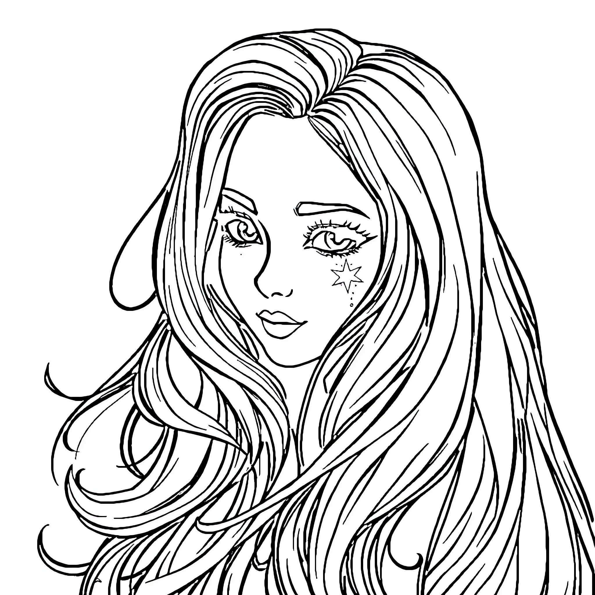 Girl with long flowing hair and star design Coloring Page (free black-and-white line drawing printable PDF for all, from beginners to advanced learners, including children, teens, adults, and seniors)