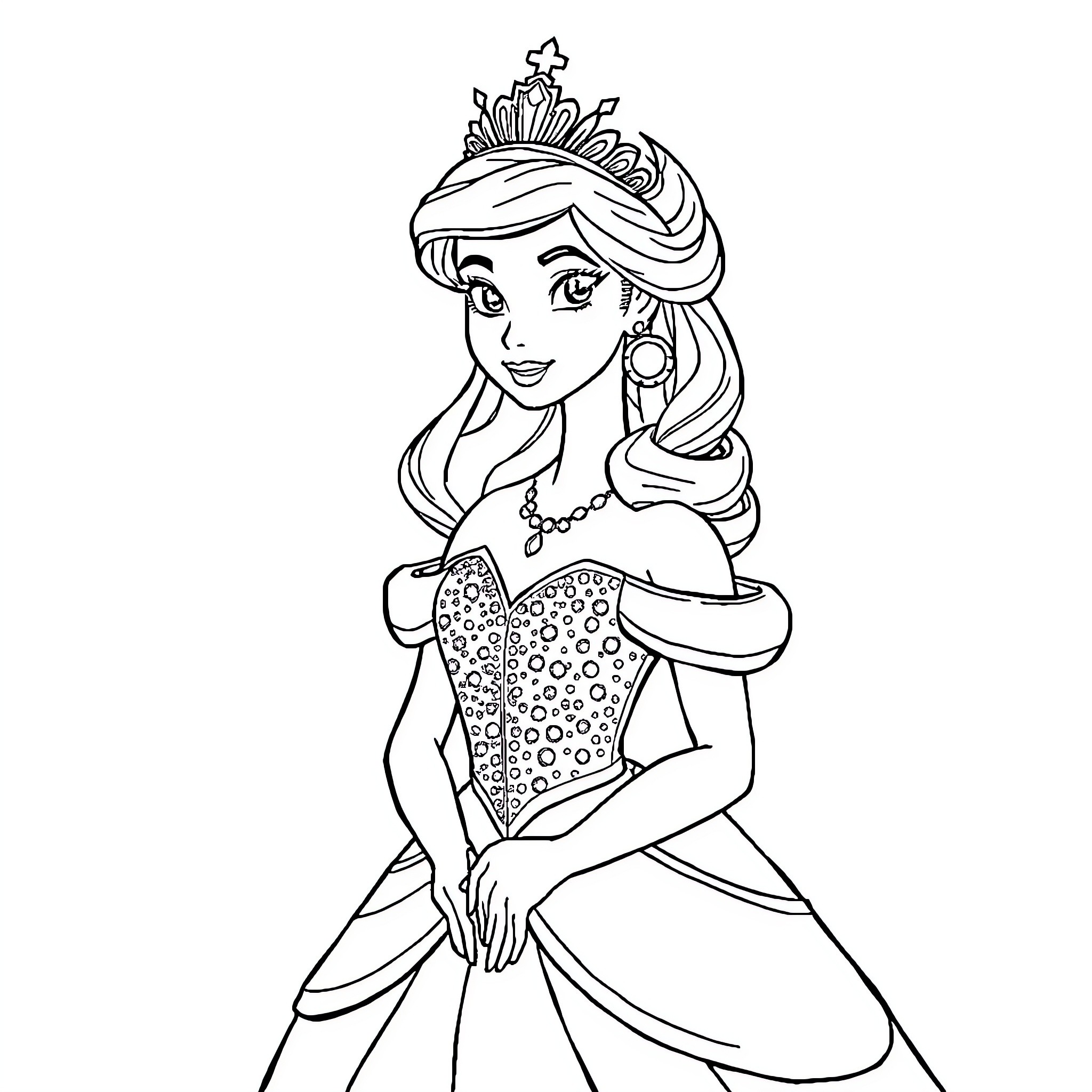 Fiona the Elegant Princess in Fancy Dress Coloring Page (free black-and-white line drawing printable PDF for all, from beginners to advanced learners, including children, teens, adults, and seniors)