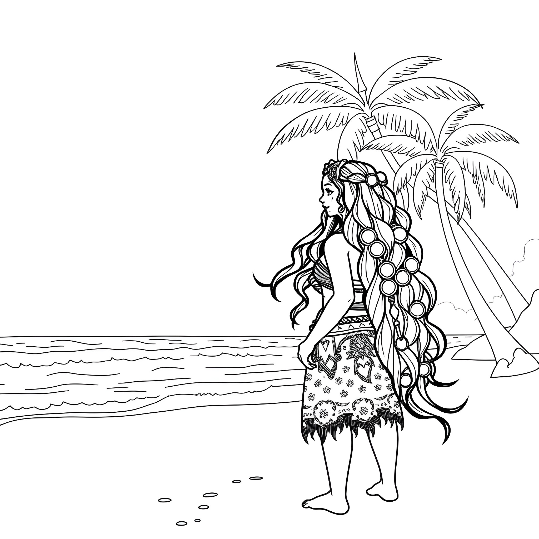 Moana exploring the tropical beach with palm trees Coloring Page (free black-and-white line drawing printable PDF for all, from beginners to advanced learners, including children, teens, adults, and seniors)
