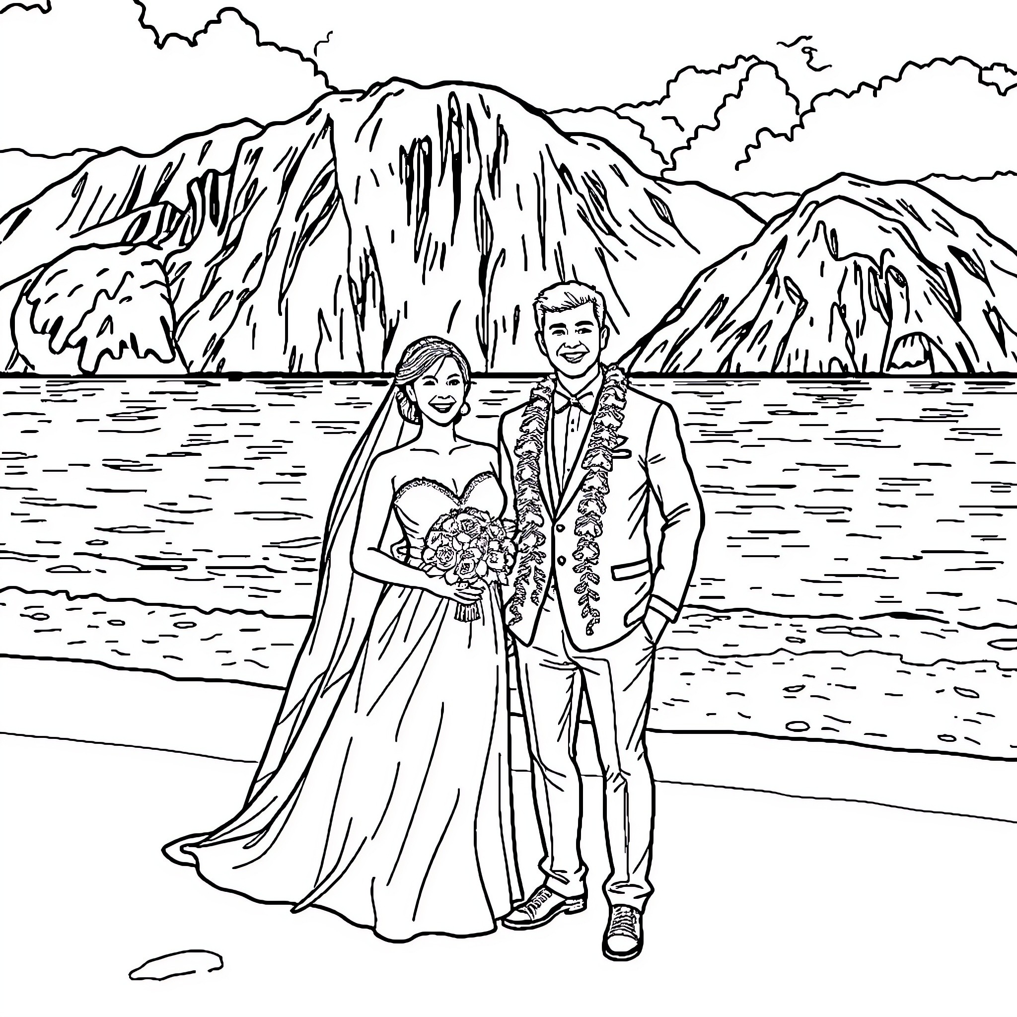Bride and Groom's Scenic Seaside Wedding Coloring Page (free black-and-white line drawing printable PDF for all, from beginners to advanced learners, including children, teens, adults, and seniors)