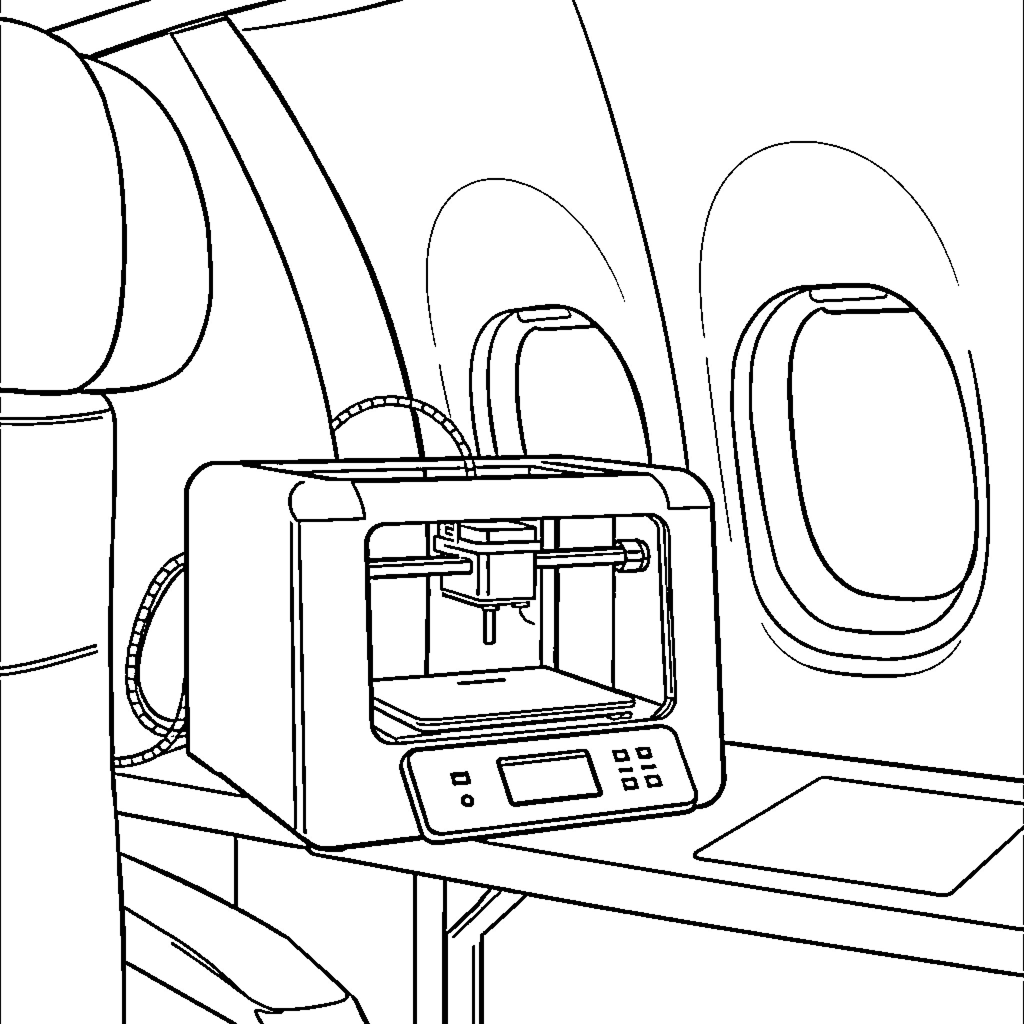 3D Printer Operating in Airplane Cabin Coloring Page (free black-and-white line drawing printable PDF for all, from beginners to advanced learners, including children, teens, adults, and seniors)