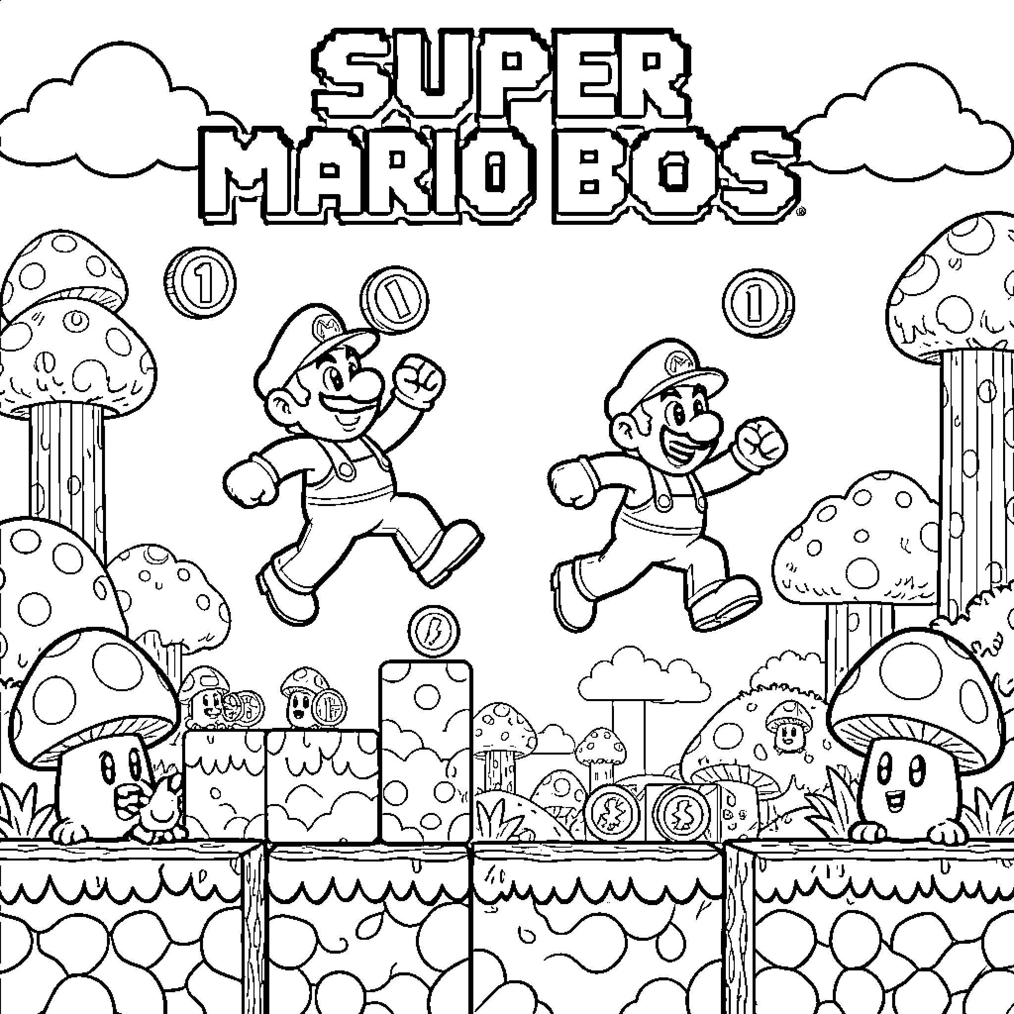 Super Mario Bros Characters in Action Coloring Page (free black-and-white line drawing printable PDF for all, from beginners to advanced learners, including children, teens, adults, and seniors)