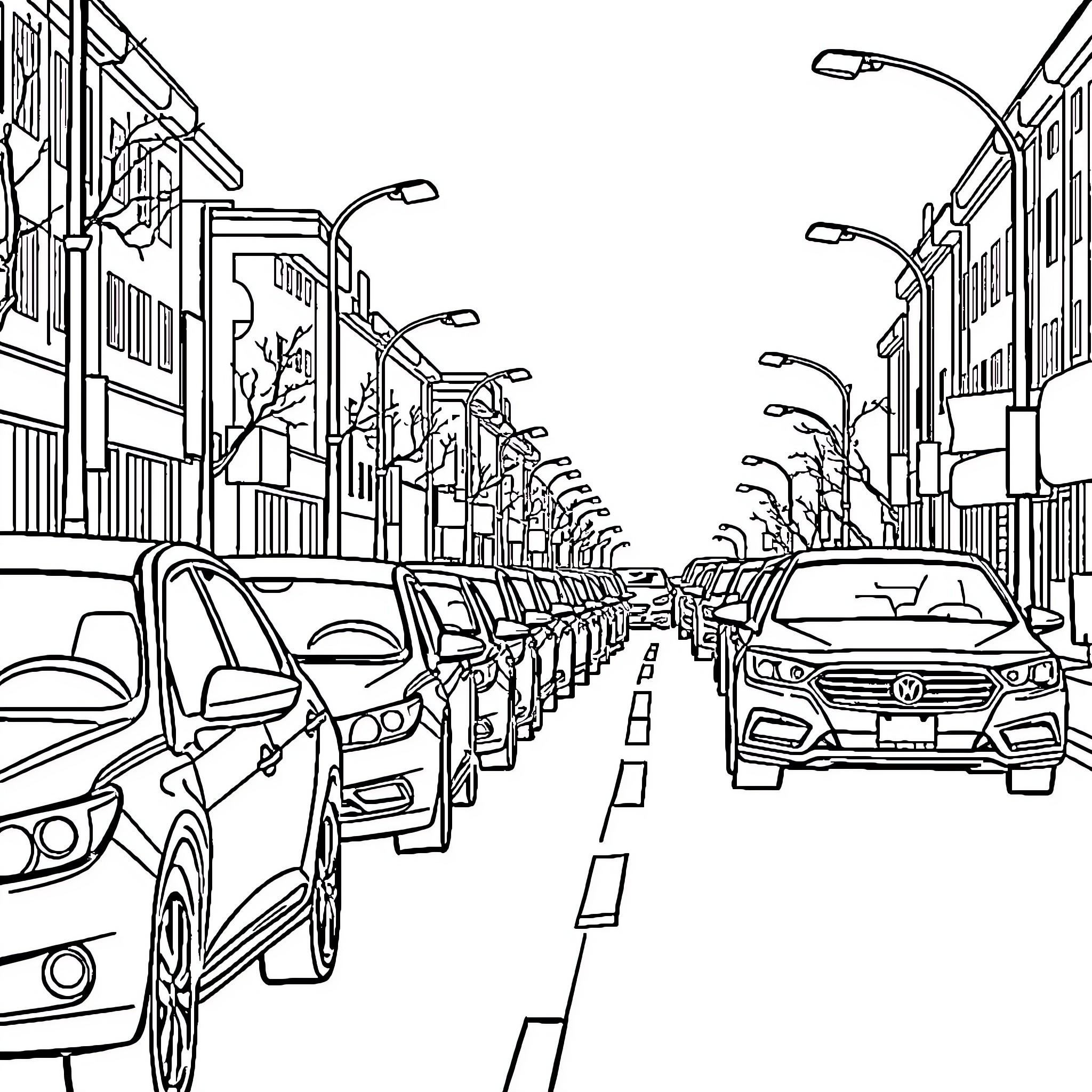 Car traffic on a busy urban street Coloring Page (free black-and-white line drawing printable PDF for all, from beginners to advanced learners, including children, teens, adults, and seniors)