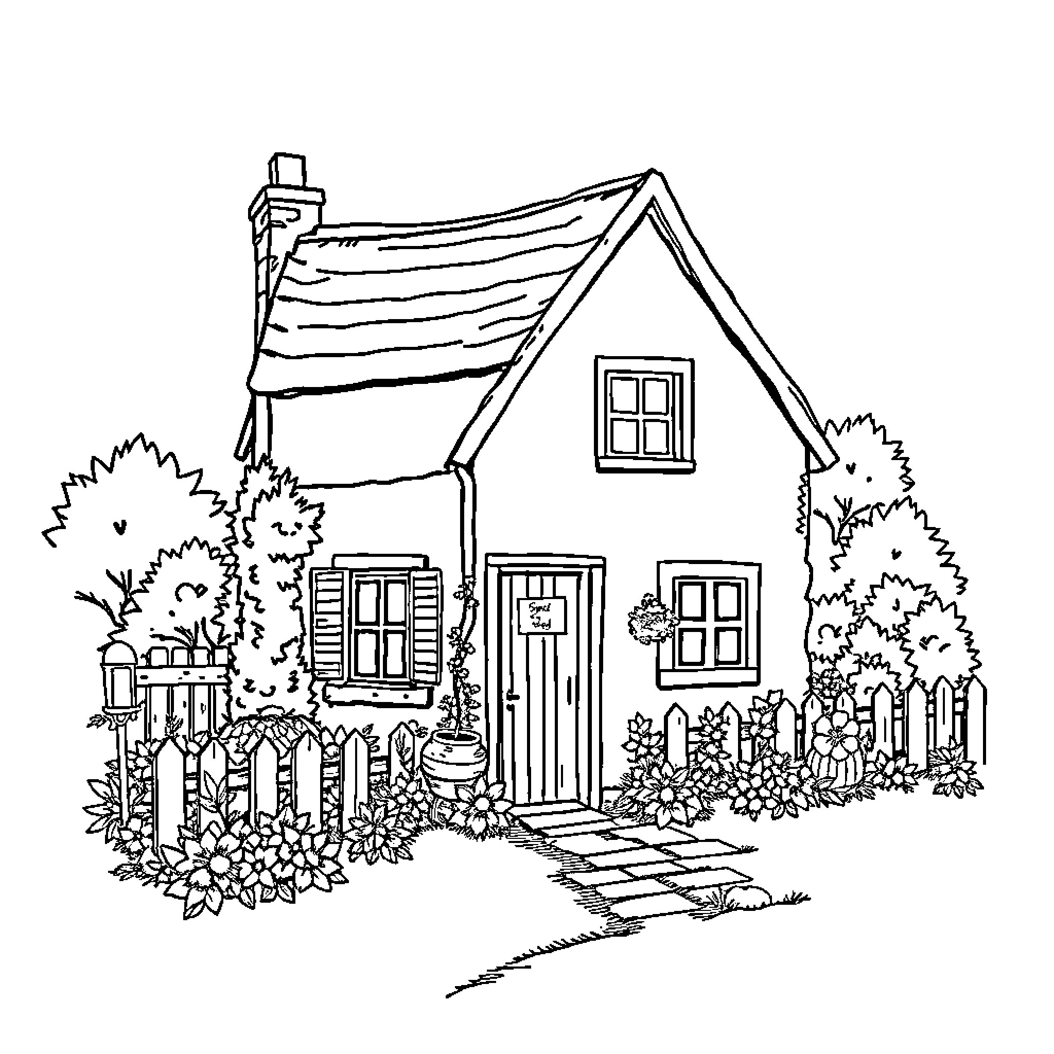 Cottage with a Charming Garden Path Coloring Page (free black-and-white line drawing printable PDF for all, from beginners to advanced learners, including children, teens, adults, and seniors)