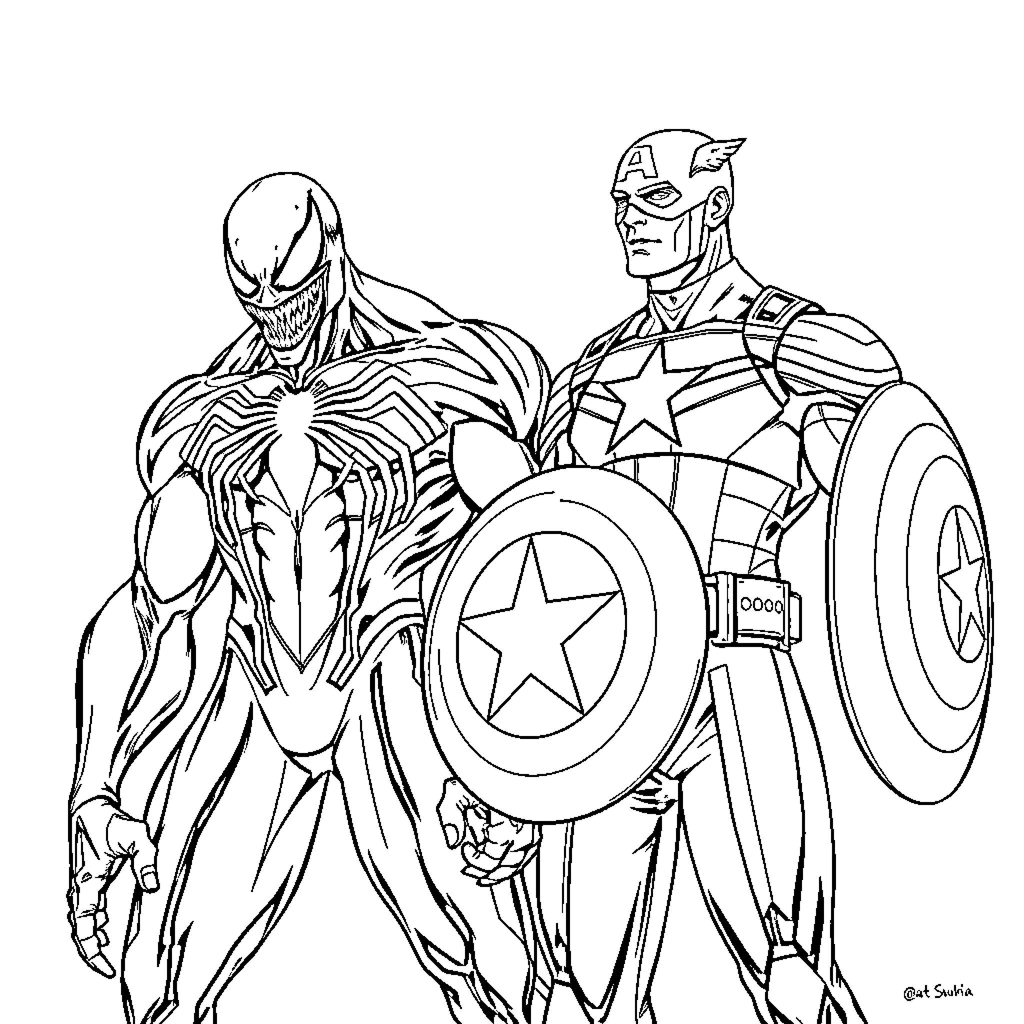 Venom and Captain America Heroic Encounter Coloring Page (free black-and-white line drawing printable PDF for all, from beginners to advanced learners, including children, teens, adults, and seniors)