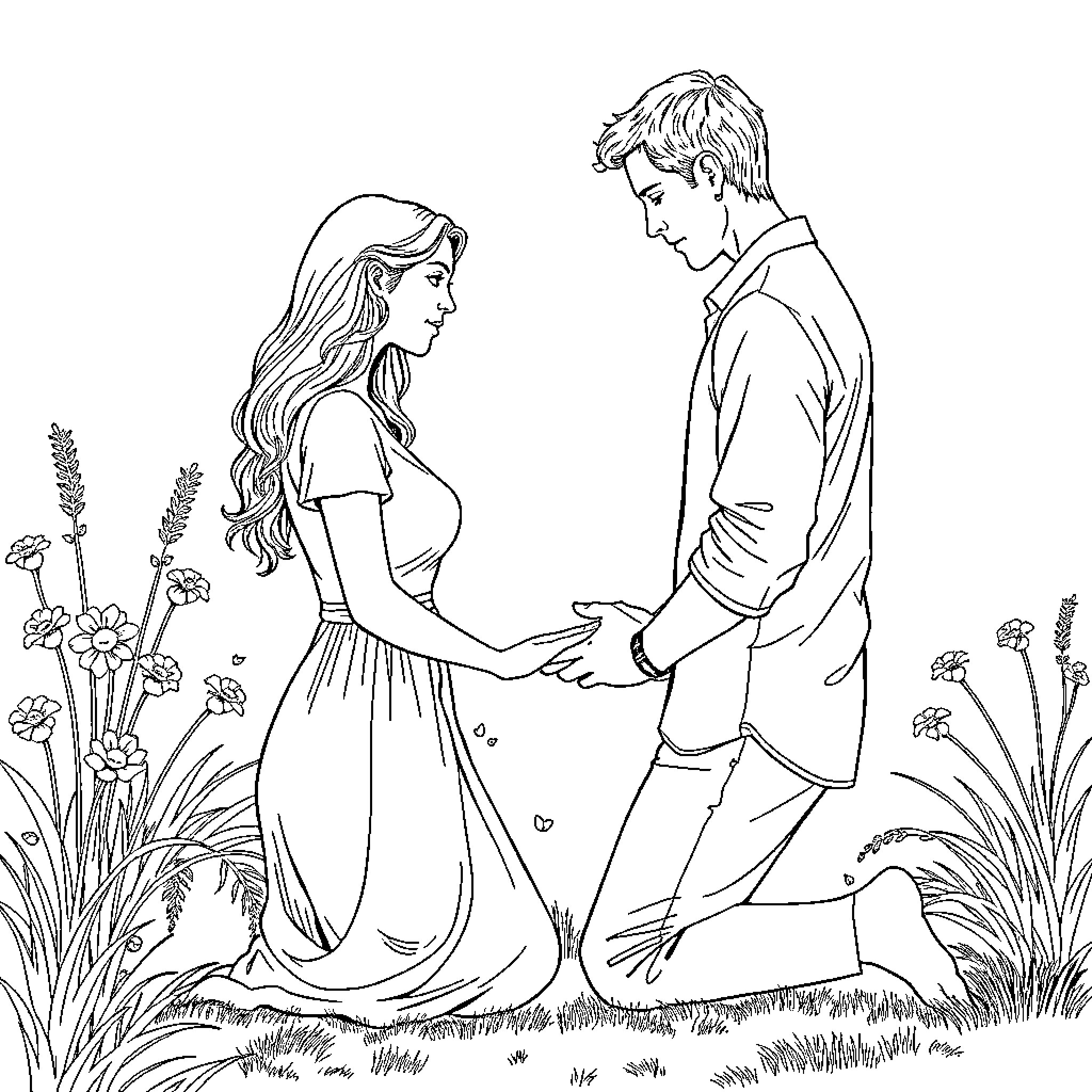 Lady and Gentleman's Romantic Encounter in the Meadow Coloring Page (free black-and-white line drawing printable PDF for all, from beginners to advanced learners, including children, teens, adults, and seniors)