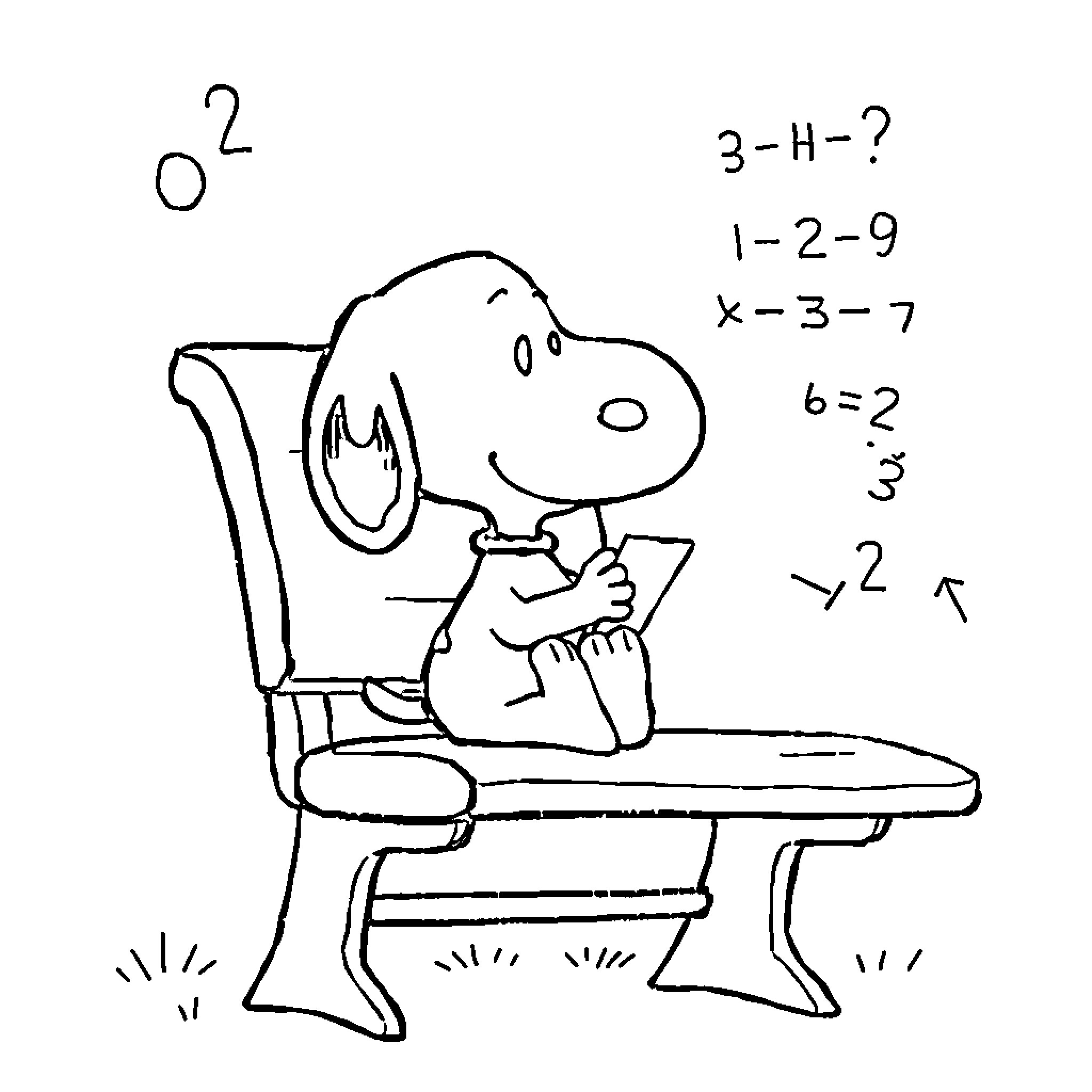 Snoopy solving math problems on desk Coloring Page (free black-and-white line drawing printable PDF for all, from beginners to advanced learners, including children, teens, adults, and seniors)