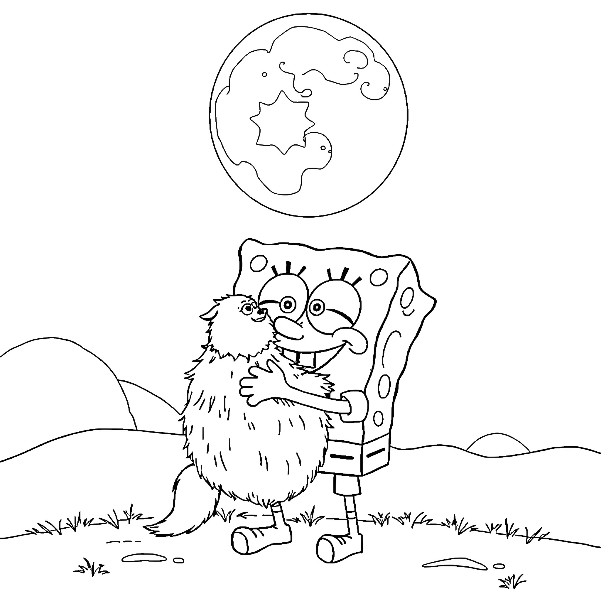 Spongebob and Patrick in a Starry Night Landscape Coloring Page (free black-and-white line drawing printable PDF for all, from beginners to advanced learners, including children, teens, adults, and seniors)