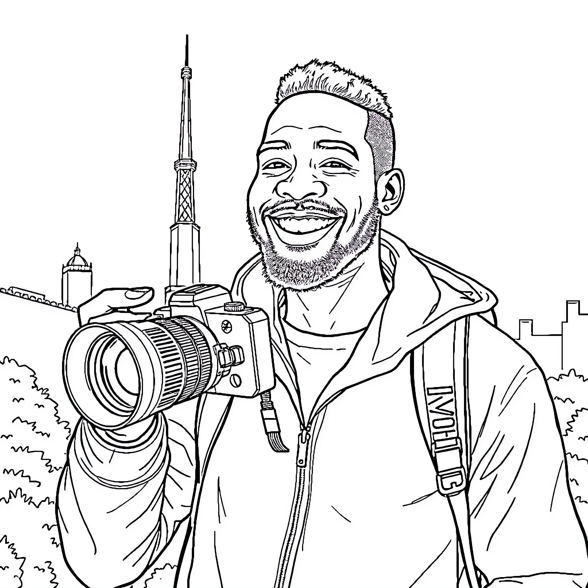 Man capturing the sights with his camera Coloring Page (free black-and-white line drawing printable PDF for all, from beginners to advanced learners, including children, teens, adults, and seniors)