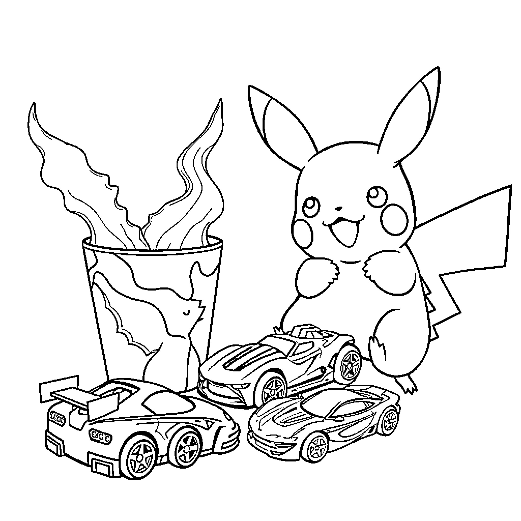 Pikachu Playing with Toy Cars Coloring Page (free black-and-white line drawing printable PDF for all, from beginners to advanced learners, including children, teens, adults, and seniors)