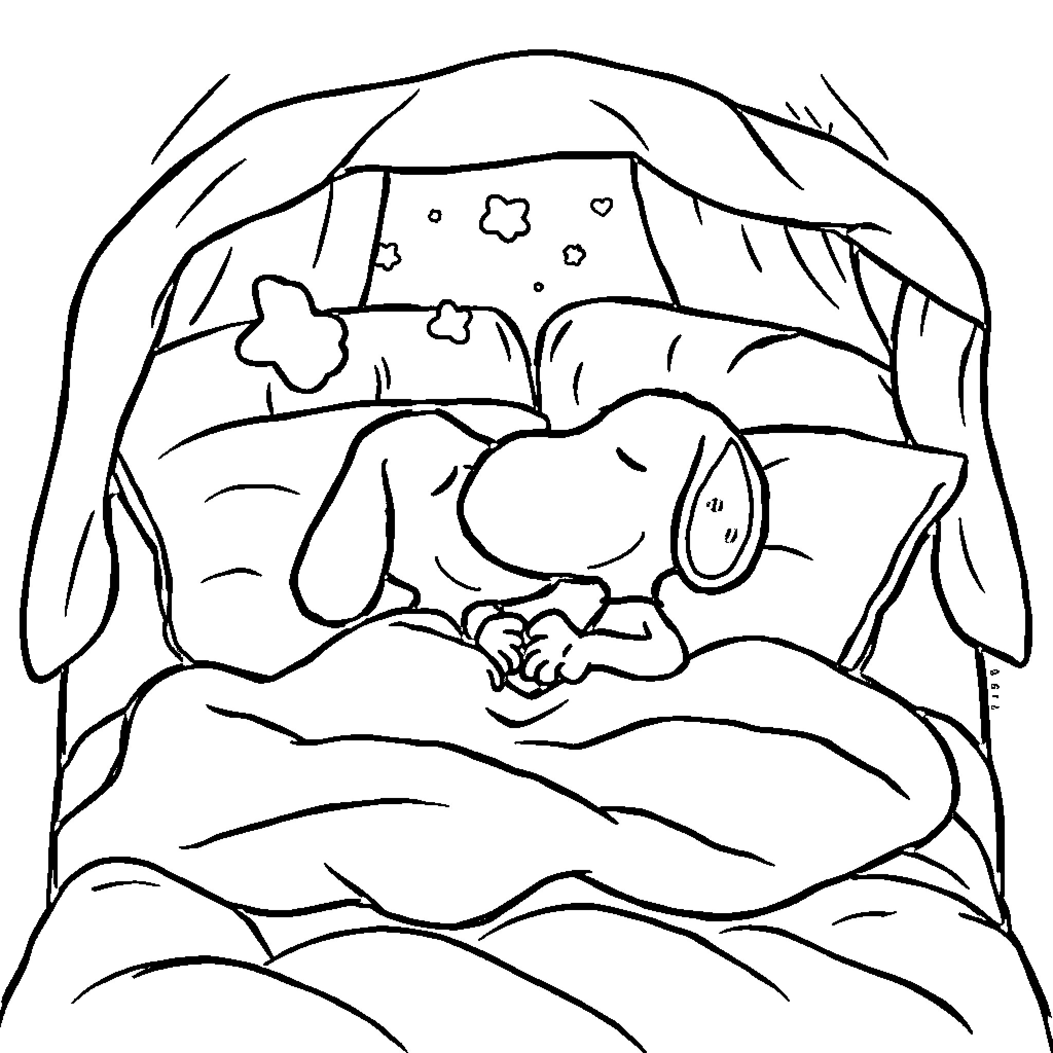 Snoopy sleeping peacefully in a cozy tent Coloring Page (free black-and-white line drawing printable PDF for all, from beginners to advanced learners, including children, teens, adults, and seniors)