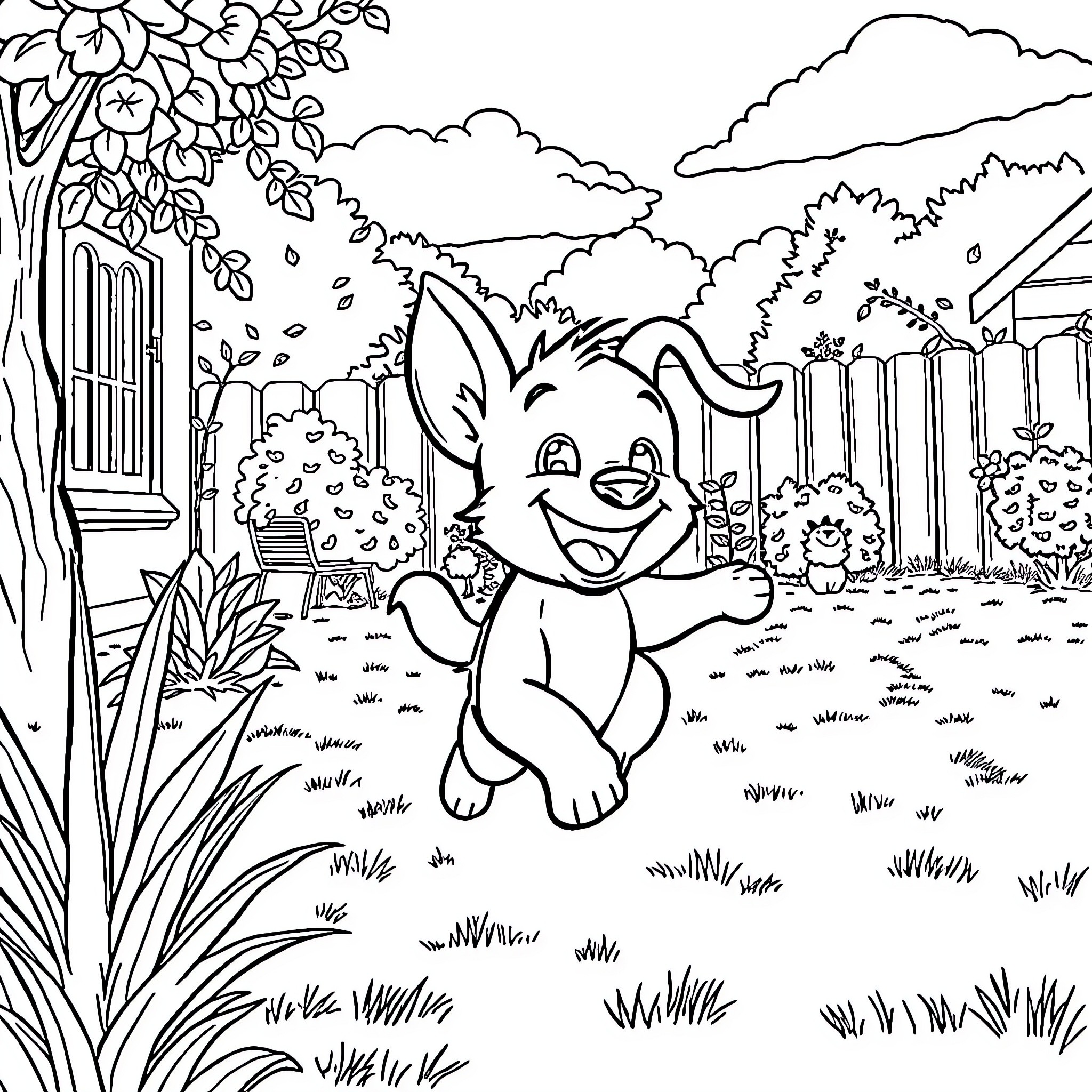 Bluey playing joyfully in a serene outdoor setting Coloring Page (free black-and-white line drawing printable PDF for all, from beginners to advanced learners, including children, teens, adults, and seniors)