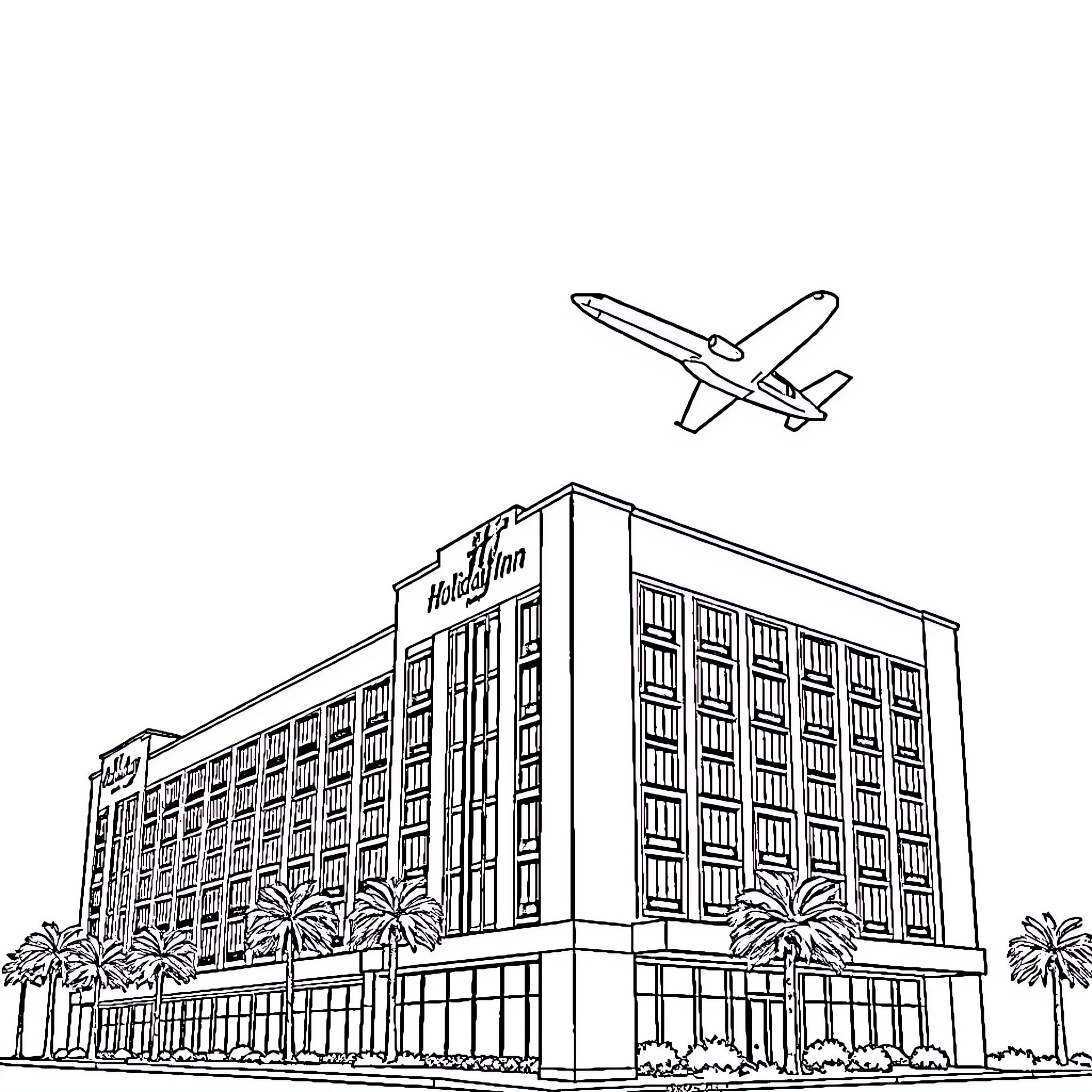 Hotel with Airplane Flying Overhead Coloring Page (free black-and-white line drawing printable PDF for all, from beginners to advanced learners, including children, teens, adults, and seniors)