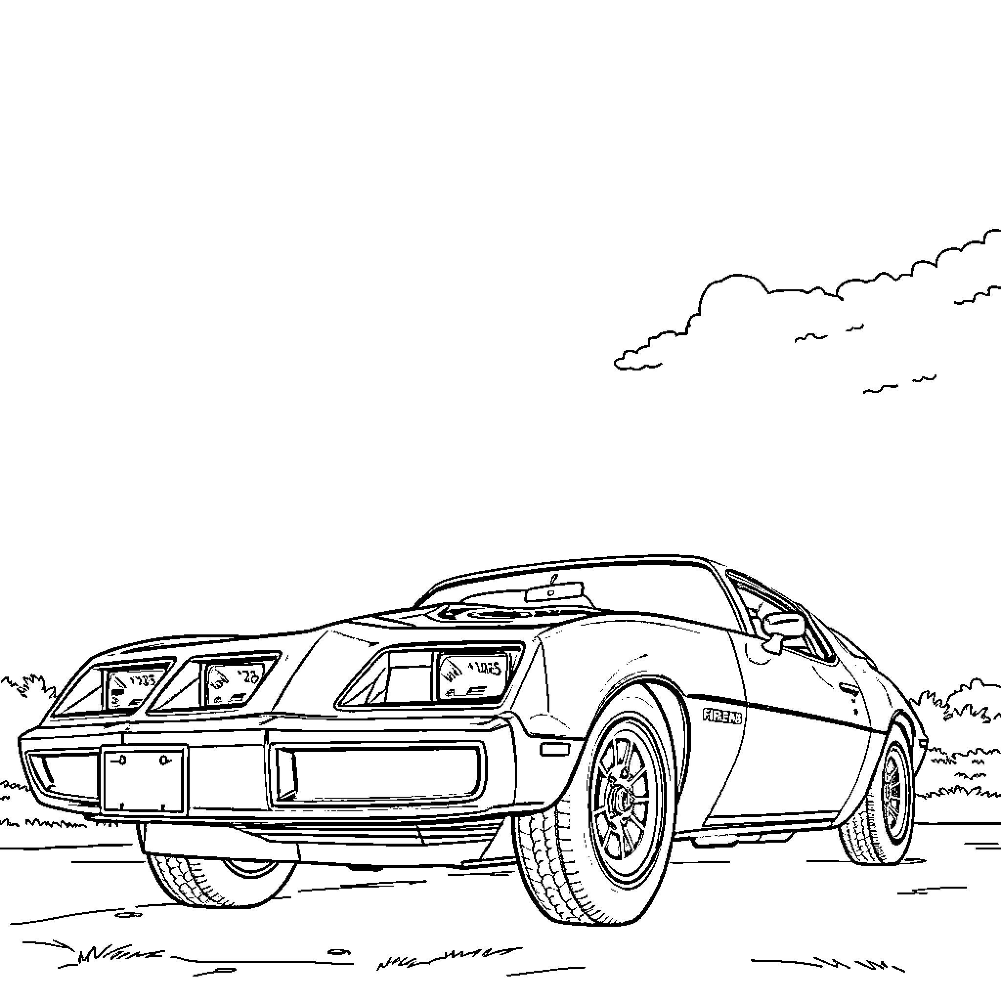 Firebird vintage sports car on the road Coloring Page (free black-and-white line drawing printable PDF for all, from beginners to advanced learners, including children, teens, adults, and seniors)